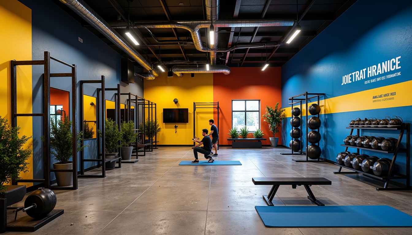 Prompt: Vibrant fitness studio, energetic atmosphere, bold color scheme, deep blues, bright yellows, motivating oranges, sleek metal equipment, modern minimalist decor, polished concrete floors, industrial-chic lighting fixtures, dynamic shadows, high-contrast colors, 1/1 composition, dramatic spotlighting, realistic textures, ambient occlusion.