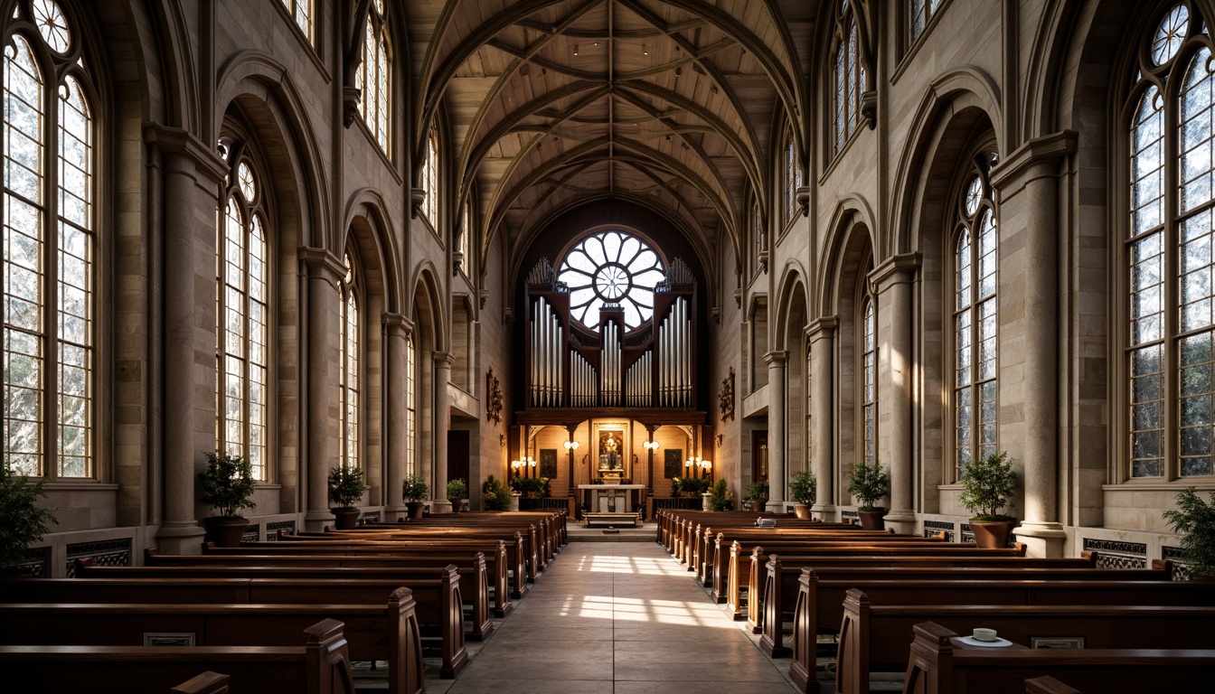 Prompt: Gothic church, stone vaulted ceilings, ribbed arches, stained glass windows, intricate carvings, grandiose pipe organs, ornate pulpit, wooden pews, sacred frescoes, towering spires, flying buttresses, majestic bell towers, rustic stone walls, dramatic natural light, warm ambient glow, high contrast shadows, symmetrical composition, central axis perspective, realistic textures, detailed architectural elements.