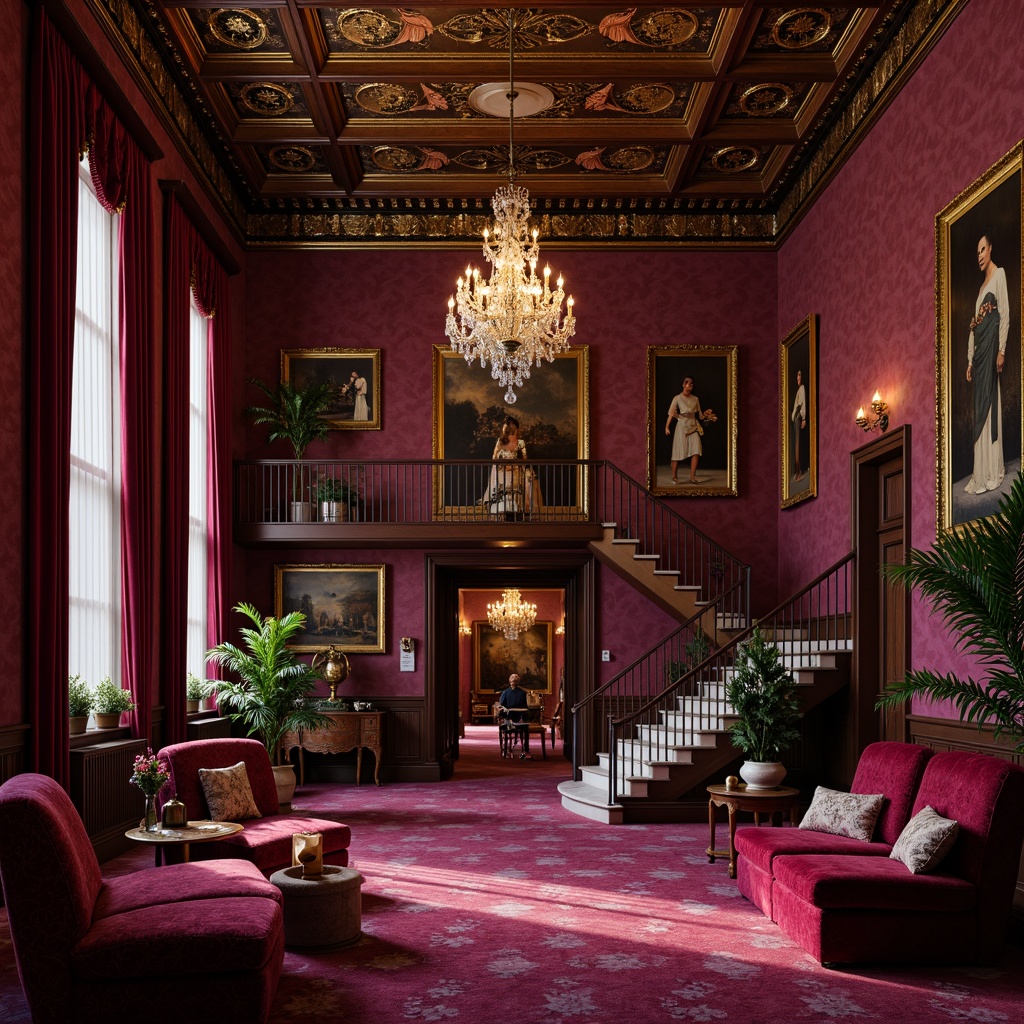 Prompt: Rich plum hues, luxurious velvet textures, ornate golden accents, lavish furnishings, opulent chandeliers, grand staircases, intricate wood carvings, regal crown molding, majestic architectural columns, stately foyers, warm candlelight, soft diffused shadows, 1/1 composition, shallow depth of field, realistic rendering, ambient occlusion, atmospheric perspective.