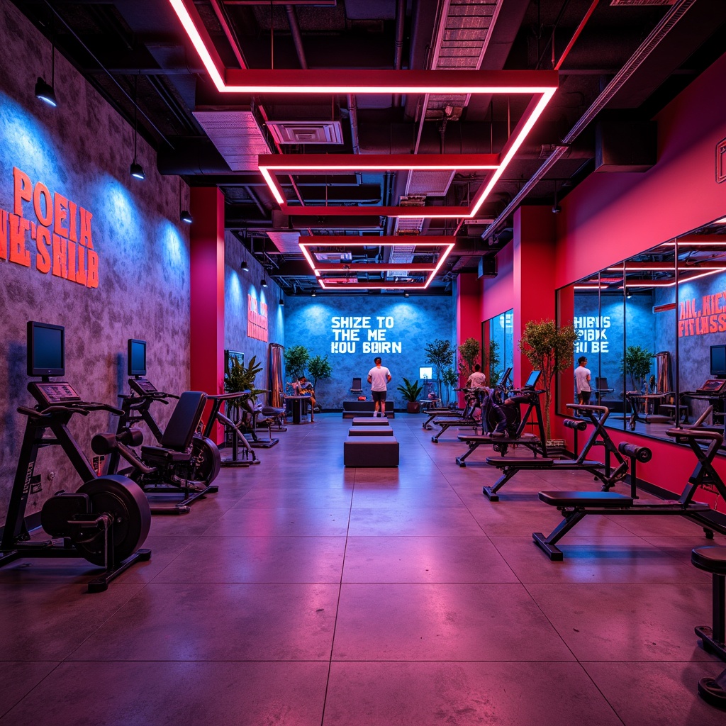 Prompt: Vibrant fitness studio, energetic atmosphere, bold color accents, motivational quotes, sleek equipment, mirrored walls, polished floors, modern LED lighting, refreshing air circulation, urban industrial design, exposed ductwork, concrete textures, metallic tones, dynamic shapes, invigorating scents, high-contrast colors, bold typography, abstract geometric patterns, futuristic ambiance, 1/1 composition, low-angle shot, warm color temperature, cinematic lighting.