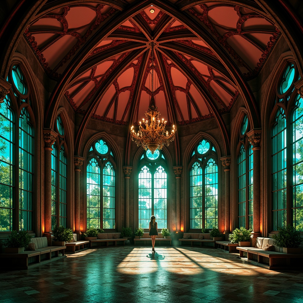 Prompt: Majestic pavilion, intricate gothic architecture, vaulted ceilings, grand archways, ornate carvings, mystical stained glass windows, rich jewel-toned colors, emerald green, crimson red, sapphire blue, golden accents, velvety textures, mysterious ambiance, soft warm lighting, dramatic shadows, 1/1 composition, low-angle shot, realistic reflections, ambient occlusion.