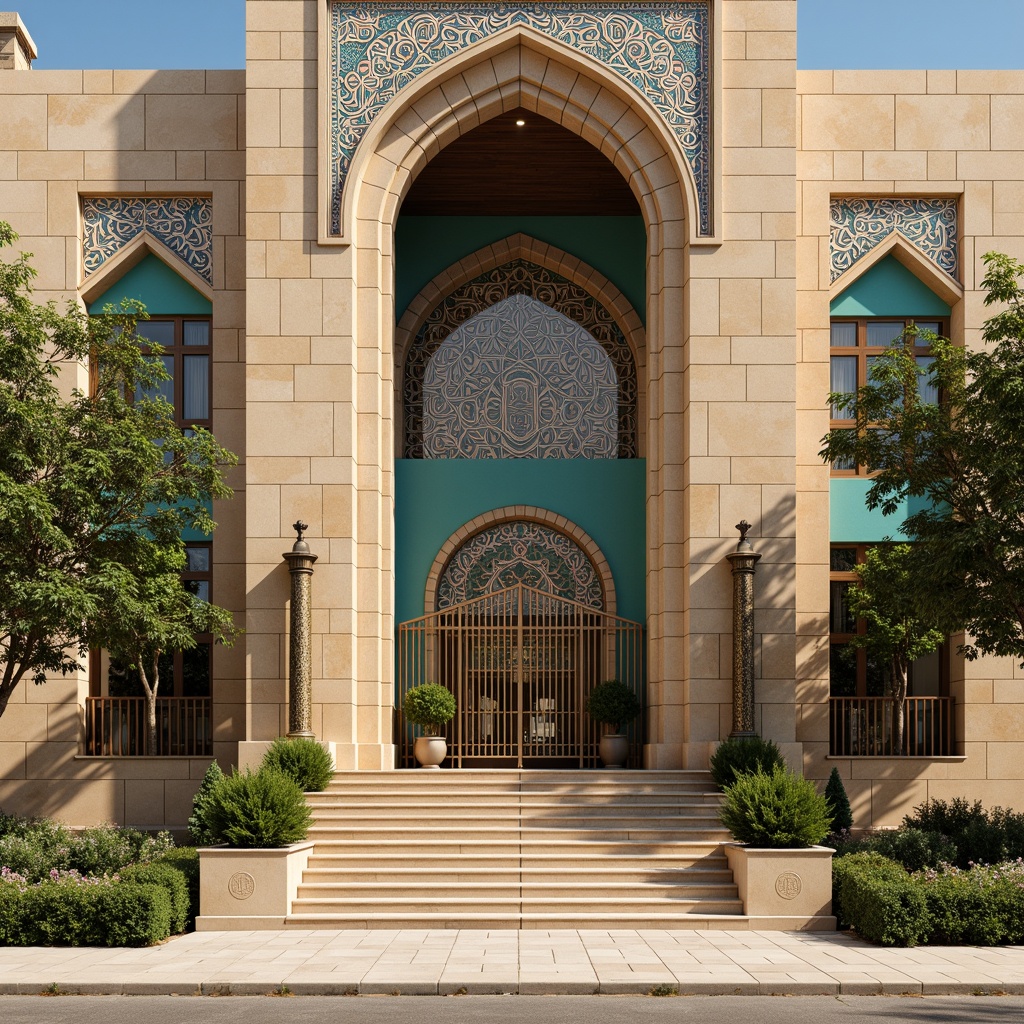 Prompt: Grand cultural center facade, intricately patterned Islamic-inspired tiles, warm beige stone walls, large arched windows, ornate metal doorways, vibrant turquoise accents, lush greenery, grand entrance staircase, majestic columns, traditional Arabic calligraphy, geometric mosaic patterns, soft warm lighting, shallow depth of field, 1/2 composition, realistic textures, ambient occlusion.