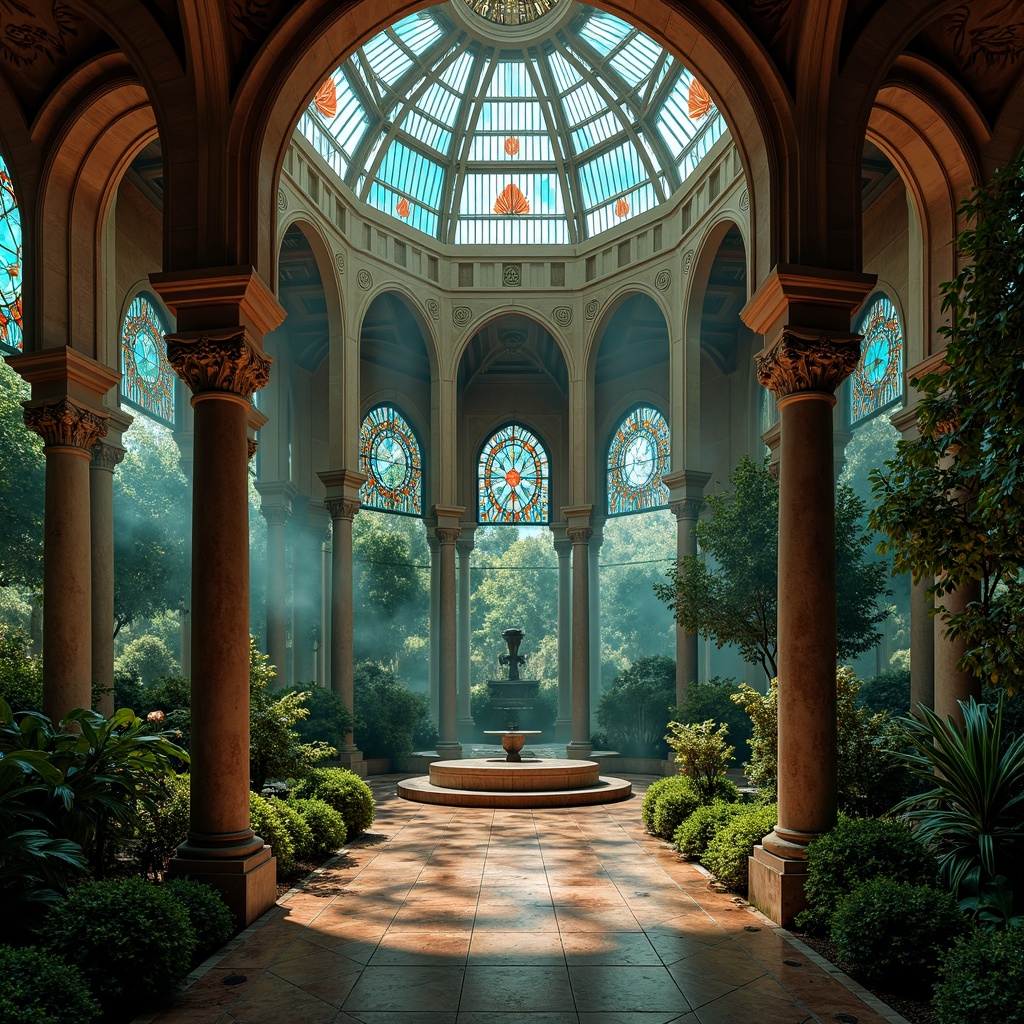 Prompt: Richly ornate pavilion, intricate Gothic details, warm golden stonework, mystical stained glass windows, vibrant turquoise accents, deep crimson hues, lavish emerald greenery, ornamental ironwork, grandiose archways, dramatic spot lighting, misty atmospheric effects, 1/1 composition, symmetrical framing, high contrast ratio, cinematic color grading.