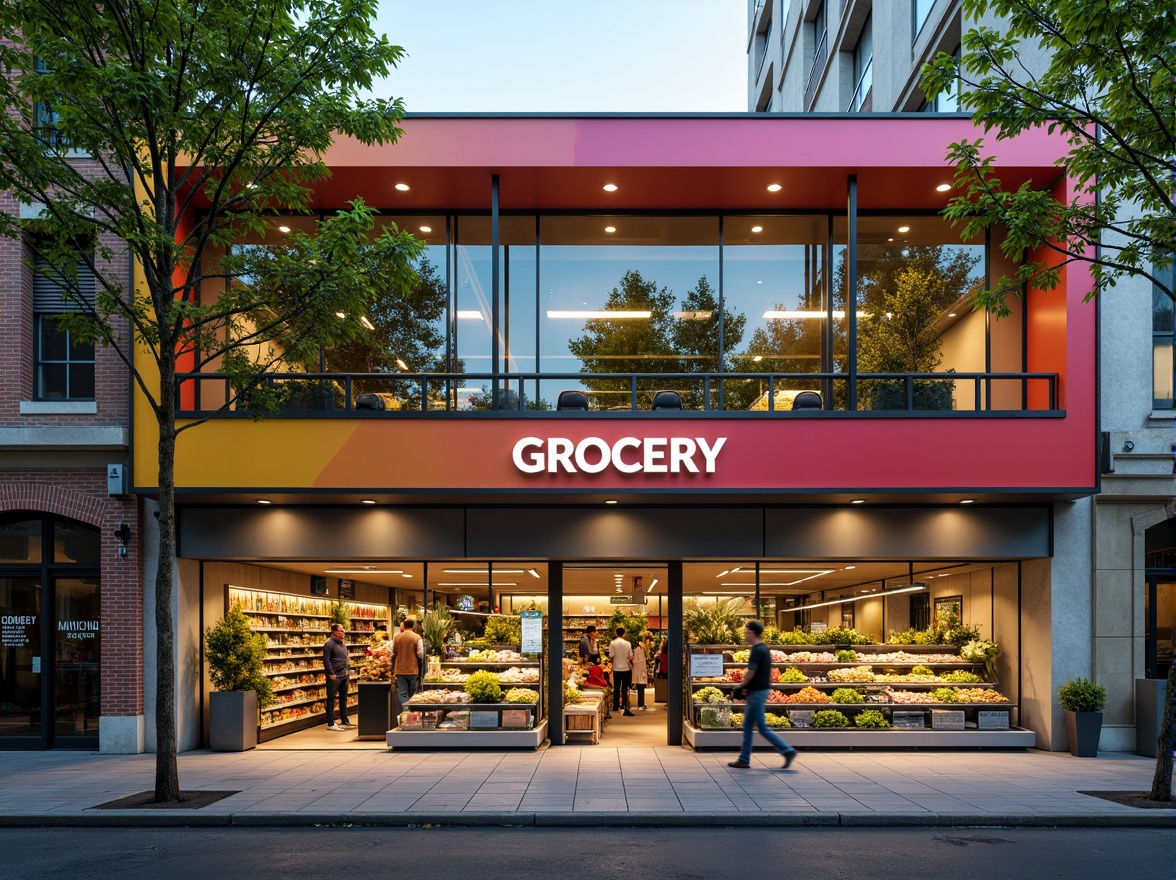 Prompt: Vibrant grocery store facade, modern architecture, large windows, sliding glass doors, colorful signage, fresh produce displays, urban cityscape, bustling streets, morning sunlight, soft warm lighting, shallow depth of field, 3/4 composition, realistic textures, ambient occlusion.