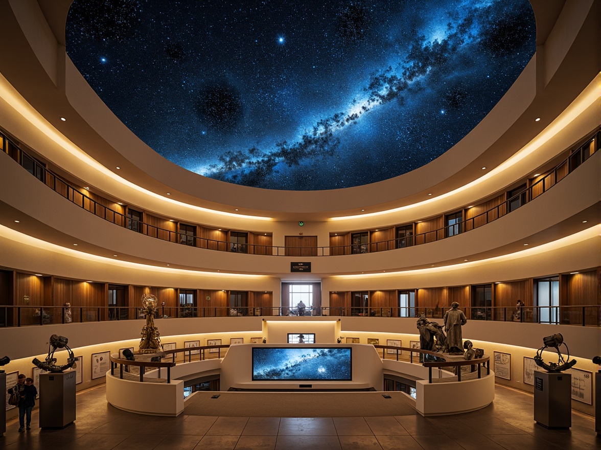 Prompt: Celestial planetarium, academic architectural style, neutral beige walls, rich wood accents, navy blue domes, stardust-inspired ceilings, warm golden lighting, astronomical instrument displays, minimalist metallic railings, futuristic telescopes, subtle gradient color transitions, softbox ambient illumination, 1/2 composition, atmospheric perspective, realistic glass reflections.