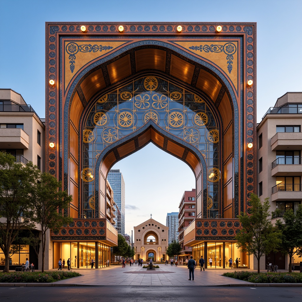 Prompt: Vibrant cultural center, grand entrance archway, ornate tile work, curved lines, traditional architectural elements, modern twist, bold color schemes, intricate stonework, dynamic lighting systems, urban cityscape, bustling streets, pedestrian walkways, public art installations, large glass windows, cantilevered roofs, geometric patterns, Islamic-inspired motifs, warm golden lighting, shallow depth of field, 2/3 composition, symmetrical framing, realistic textures.