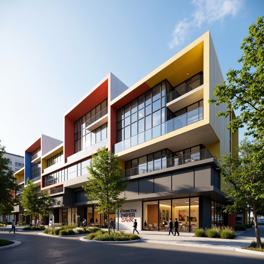 Prompt: Vibrant community center facade, dynamic angular lines, bold color blocking, large glass windows, cantilevered roofs, modern minimalist architecture, inviting entrance plaza, decorative metal screens, lush green walls, wooden accents, urban street art, morning sunlight, shallow depth of field, 1/2 composition, realistic textures, ambient occlusion.