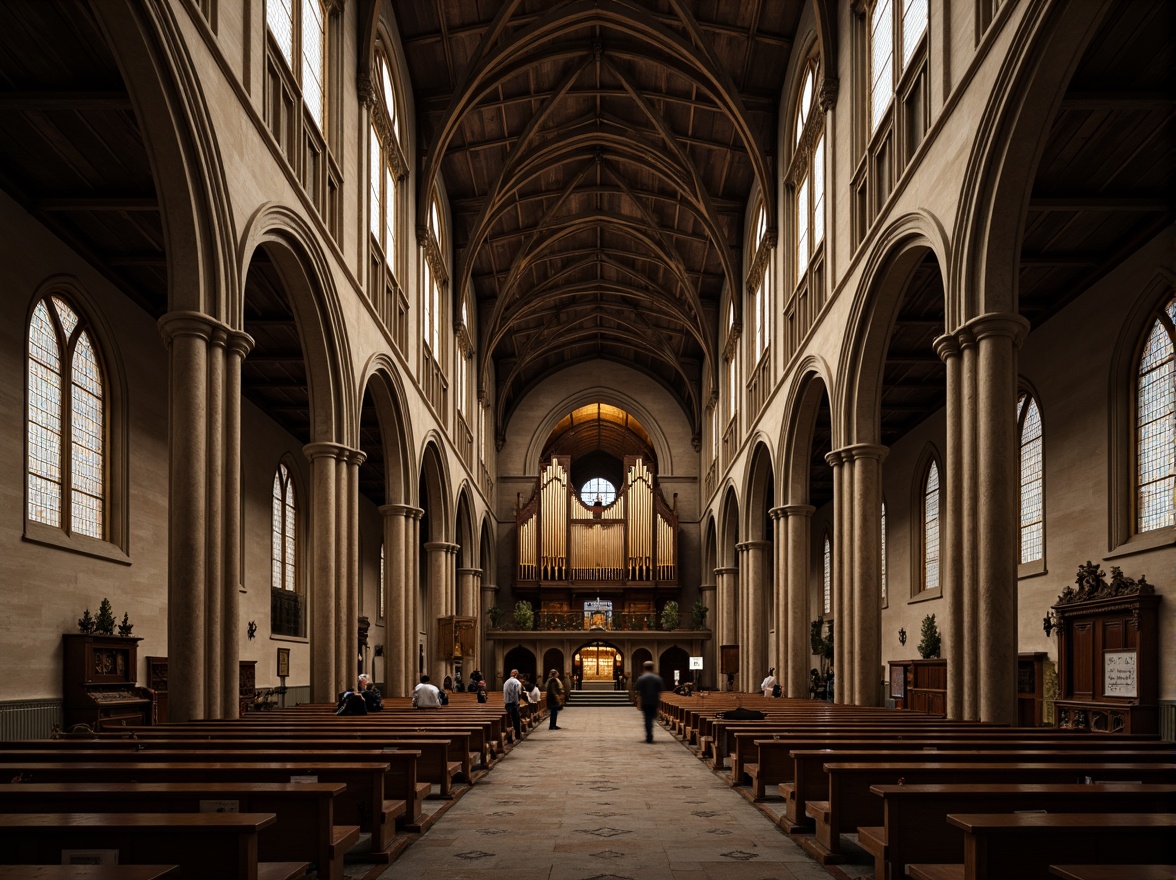 Prompt: Ancient stone church, Gothic arches, ribbed vaults, flying buttresses, stained glass windows, intricate carvings, ornate pulpits, grandiose pipe organs, high ceilings, narrow aisles, dimly lit nave, warm golden lighting, shallow depth of field, 1/1 composition, symmetrical view, realistic textures, ambient occlusion, structural details, load-bearing walls, reinforced foundations, geometric patterns, ornamental motifs.