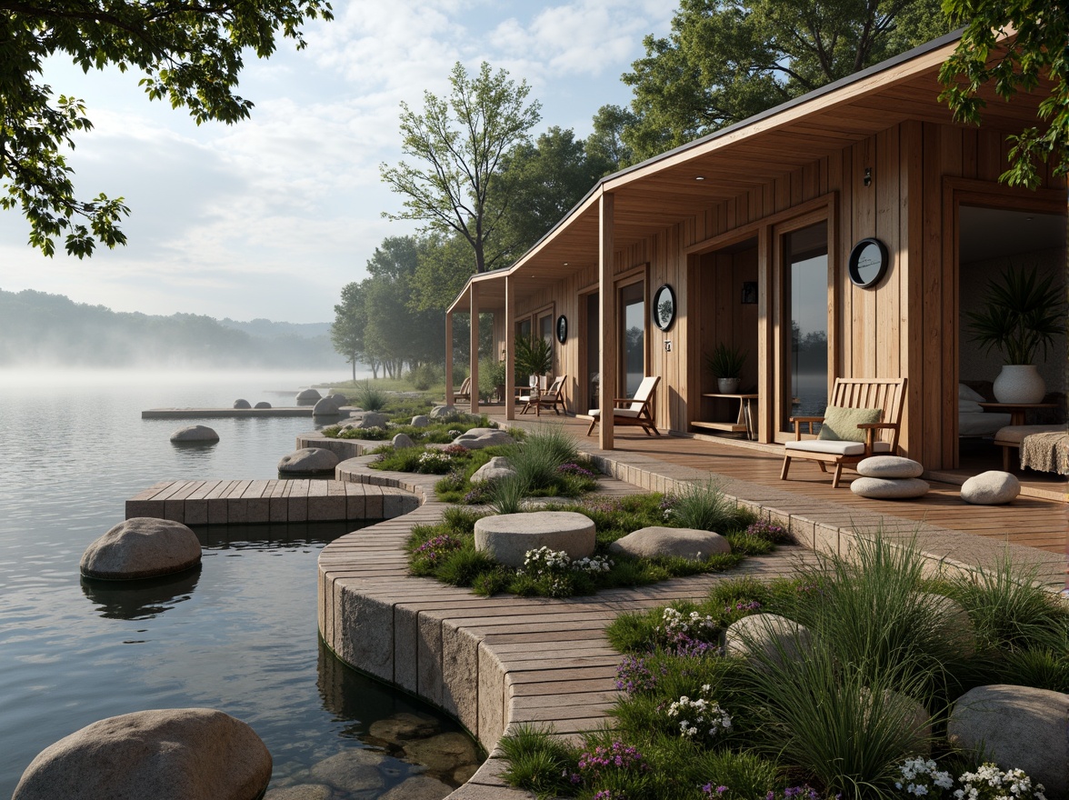 Prompt: Waterfront setting, serene lake views, rustic wooden docks, natural stone foundations, curved lines, irregular shapes, earthy color palette, reclaimed wood accents, nautical ropes, porthole windows, soft warm lighting, cozy interior spaces, plush furnishings, woven textiles, botanical prints, organic architecture, harmonious integration with nature, gentle lapping water sounds, misty morning atmosphere, shallow depth of field, 1/2 composition, warm color grading.