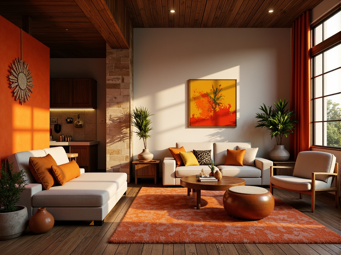 Prompt: Vibrant orange-red accents, warm beige backgrounds, rich walnut wood textures, sleek modern furniture, cozy intimate lighting, industrial-chic metal decorations, abstract expressionist art pieces, bold geometric patterns, eclectic bohemian accessories, warm golden sunlight, soft natural fabrics, earthy terracotta pottery, rustic distressed finishes, dynamic contrasting colors, 3/4 composition, atmospheric depth of field, realistic renderings.