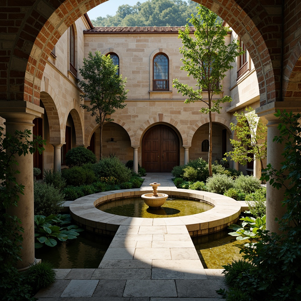 Prompt: Secluded monastery, serene courtyard, tranquil water features, lush greenery, stone walkways, ornate fountains, rustic wooden doors, stained glass windows, vaulted ceilings, grand arches, minimal ornamentation, exposed brickwork, natural light pouring in, soft warm glow, shallow depth of field, 1/2 composition, symmetrical framing, realistic textures, ambient occlusion.