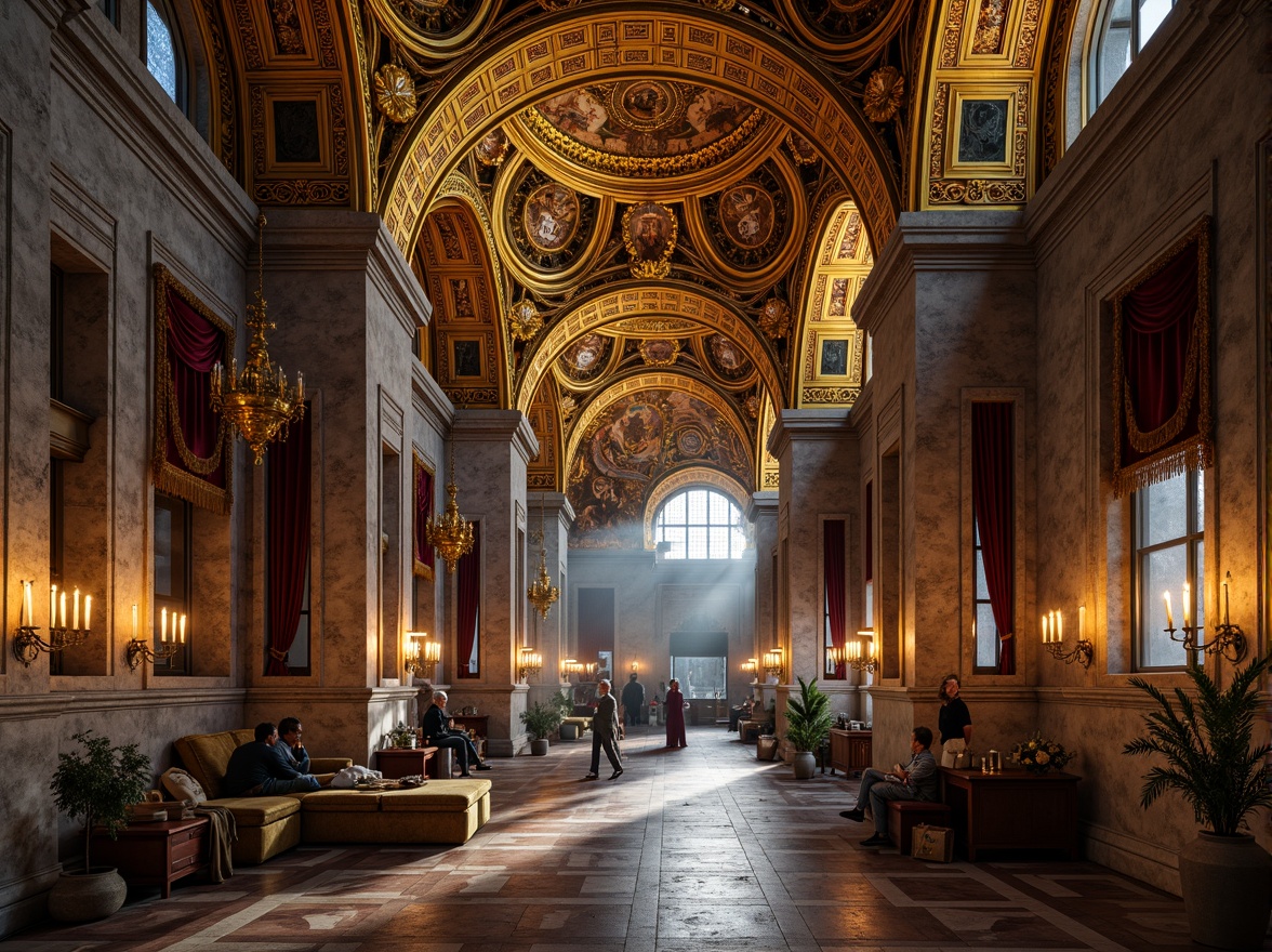 Prompt: Intricate Byzantine architecture, ornate golden domes, richly patterned mosaics, weathered stone walls, aged copper accents, lavish velvet drapes, ornamental marble columns, mystical fresco ceilings, warm candlelight, soft shadows, atmospheric perspective, 1/2 composition, shallow depth of field, realistic textures, ambient occlusion.