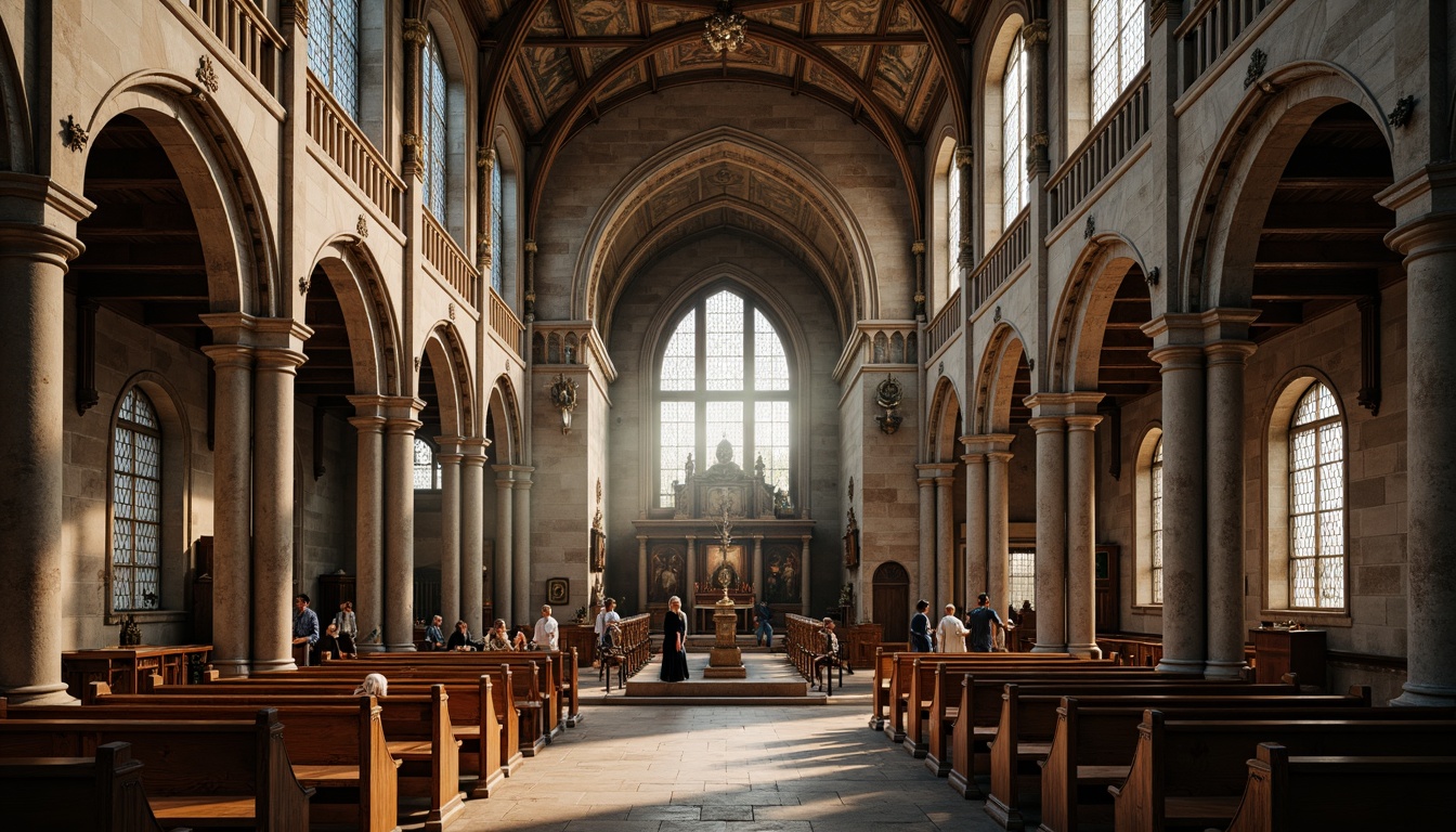 Prompt: Historic church, Gothic architecture, ribbed vaults, pointed arches, flying buttresses, stained glass windows, intricate stone carvings, grandiose interior, high ceilings, ornate pulpits, detailed frescoes, warm candlelight, soft afternoon sunbeams, 1/2 composition, symmetrical framing, atmospheric perspective, realistic stone textures, subtle ambient occlusion.