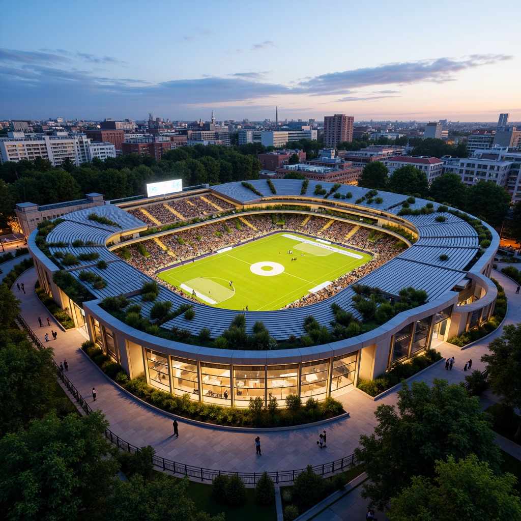 Prompt: Sleek modern stadium, curved lines, green roofs, integrated landscape design, lush vegetation, native plant species, natural stone walls, wooden accents, cantilevered seating areas, transparent glass fa\u00e7ades, retractable roofs, vibrant LED lighting, warm evening atmosphere, shallow depth of field, 1/2 composition, panoramic view, realistic textures, ambient occlusion, urban skyline views, bustling city streets, dynamic crowd simulations.