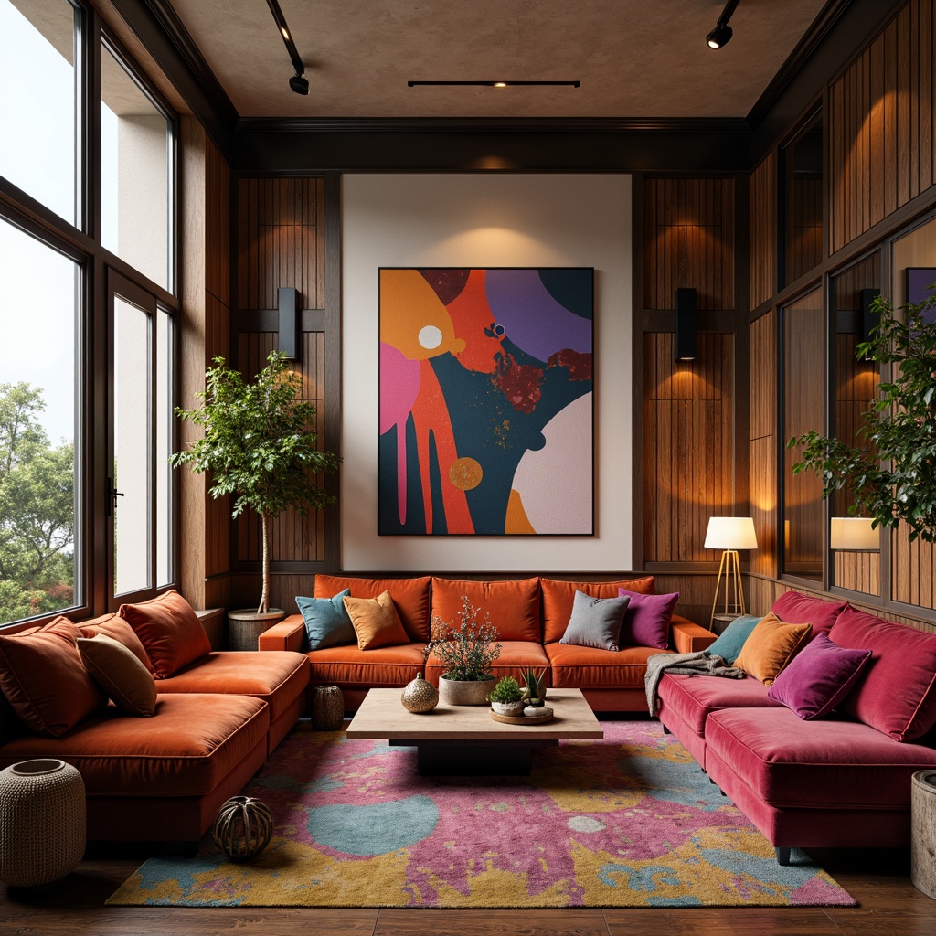 Prompt: Vibrant living room, plush sofas, velvet pillows, modern minimalist coffee table, abstract artwork, floor-to-ceiling windows, natural light, soft warm glow, 1/1 composition, intimate atmosphere, cozy throw blankets, wooden flooring, eclectic decorative accents, bold color scheme, statement lighting fixtures, luxurious textiles, ornate mirrors, sophisticated furniture pieces, elegant curtains, serene ambiance.