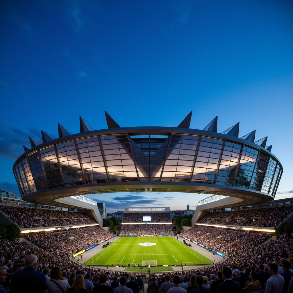 Prompt: Sleek stadium facade, modernist architecture, curved lines, minimalist design, silver metal cladding, LED lighting strips, dynamic angular shapes, cantilevered roofs, expansive glass walls, panoramic views, floodlit playing fields, evening atmosphere, warm ambient glow, 1/1 composition, low-angle shot, realistic reflections, detailed textures.