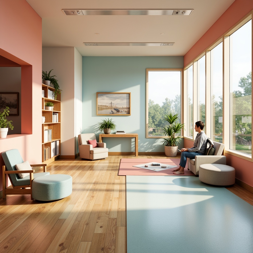 Prompt: Vibrant learning environment, pastel-colored walls, soft peach accents, calming blue undertones, natural wood textures, ergonomic furniture, rounded edges, minimalist decor, abundant daylight, warm floor lighting, shallow depth of field, 3/4 composition, panoramic view, realistic textures, ambient occlusion.