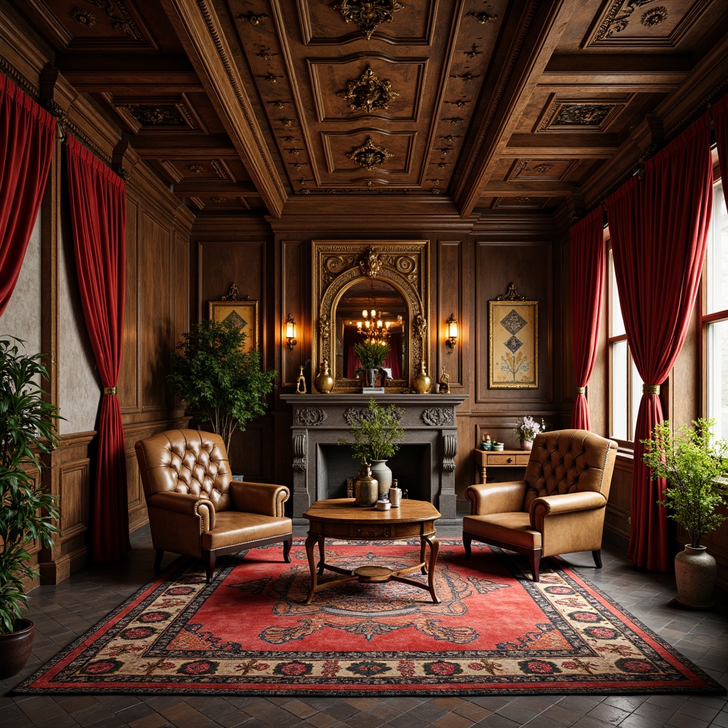 Prompt: Richly ornamented eclecticism interior, lavish velvet fabrics, intricately carved wooden panels, distressed leather armchairs, ornate metal fixtures, colorful Moroccan tiles, plush area rugs, vintage decorative artifacts, warm golden lighting, soft focus blur, 1/2 composition, atmospheric perspective, realistic texture mapping, subtle ambient occlusion.