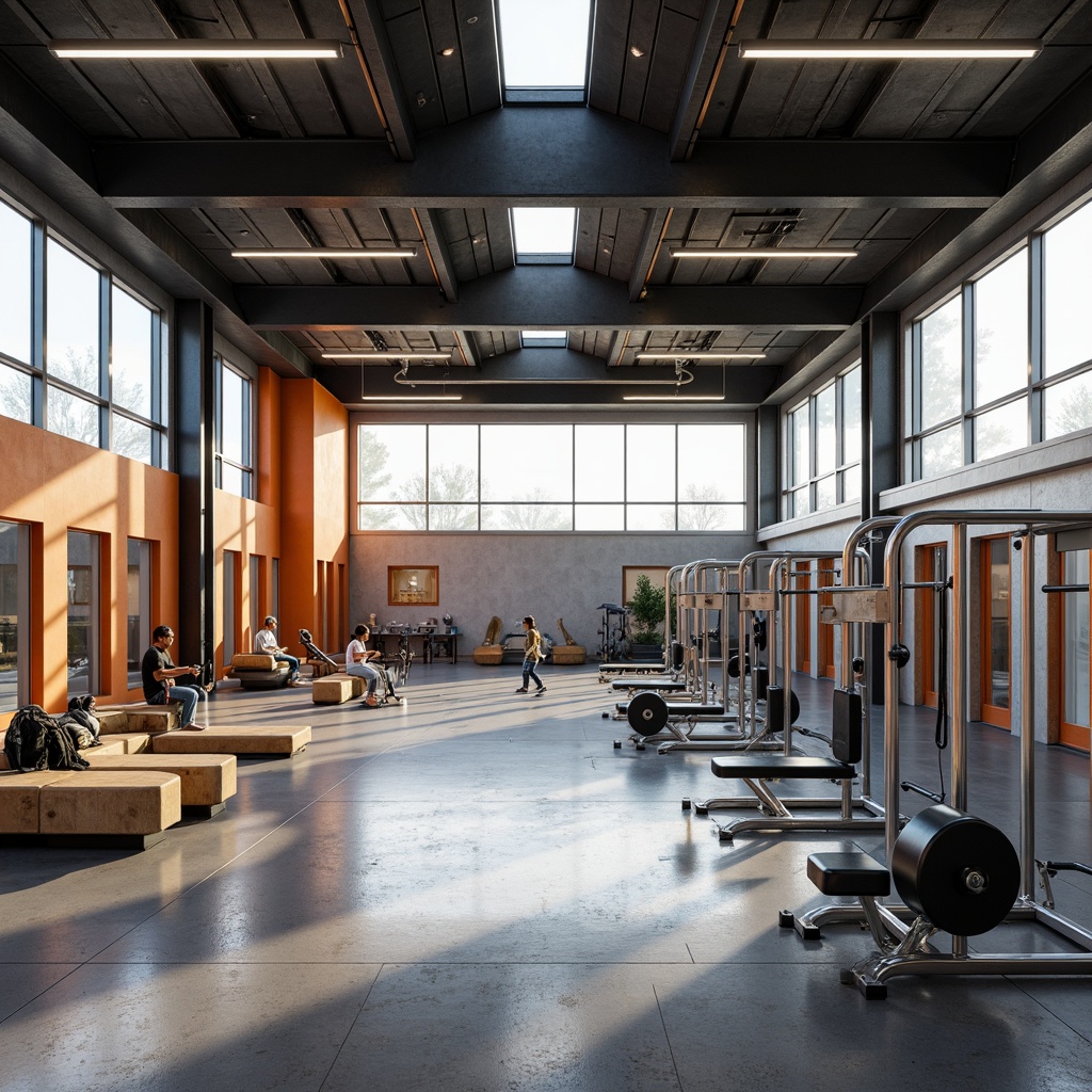 Prompt: Functional gym equipment, open floor plan, industrial-style metal beams, polished concrete floors, minimalist decor, bold color accents, geometric shapes, rectangular windows, natural light, airy atmosphere, dynamic spatial layout, free-flowing circulation paths, multi-functional areas, adaptable modular design, innovative storage solutions, sleek wooden furnishings, metallic accents, emphasis on functionality, harmonious balance of form and function, high ceilings, abundant natural light, 1/1 composition, realistic textures, ambient occlusion.