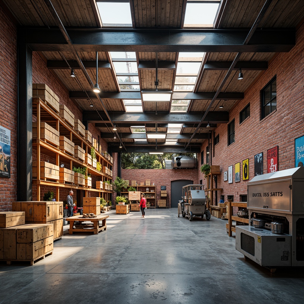 Prompt: Industrial warehouse interior, exposed brick walls, metal beams, polished concrete floors, vibrant color accents, contrasting industrial tones, warm golden lighting, natural textures, urban aesthetic, modern functionality, efficient storage systems, open shelving units, rustic wooden crates, metallic machinery, bold typography, visual branding elements, overhead skylights, soft diffused light, 1/2 composition, symmetrical framing, realistic reflections.