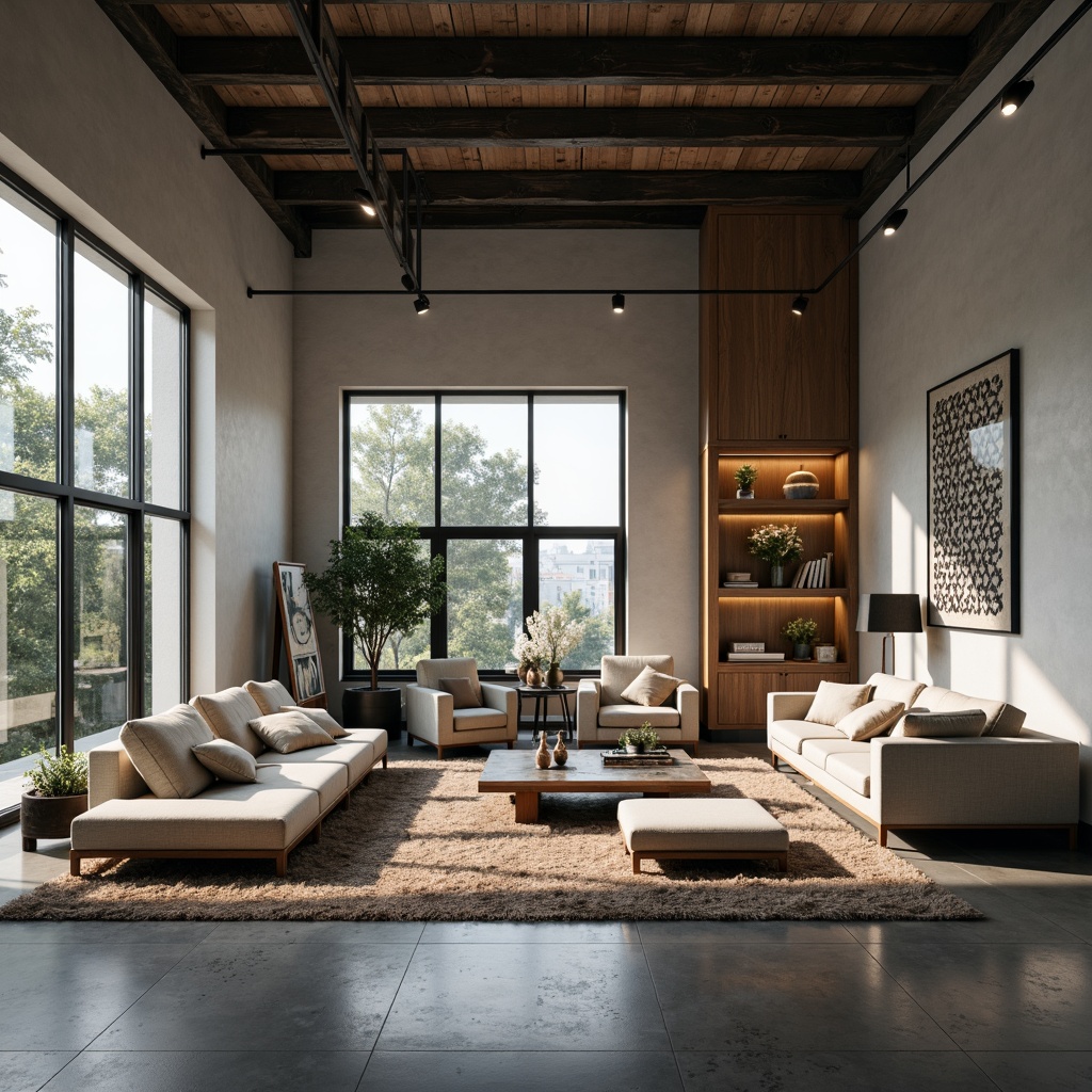 Prompt: Minimalist living room, sleek low-profile furniture, polished concrete floors, industrial-chic metal beams, floor-to-ceiling windows, natural light pouring in, cozy reading nooks, plush area rugs, geometric-patterned accent walls, modern abstract artwork, concealed LED lighting, atmospheric ambiance, 1/1 composition, shallow depth of field, realistic textures, ambient occlusion.