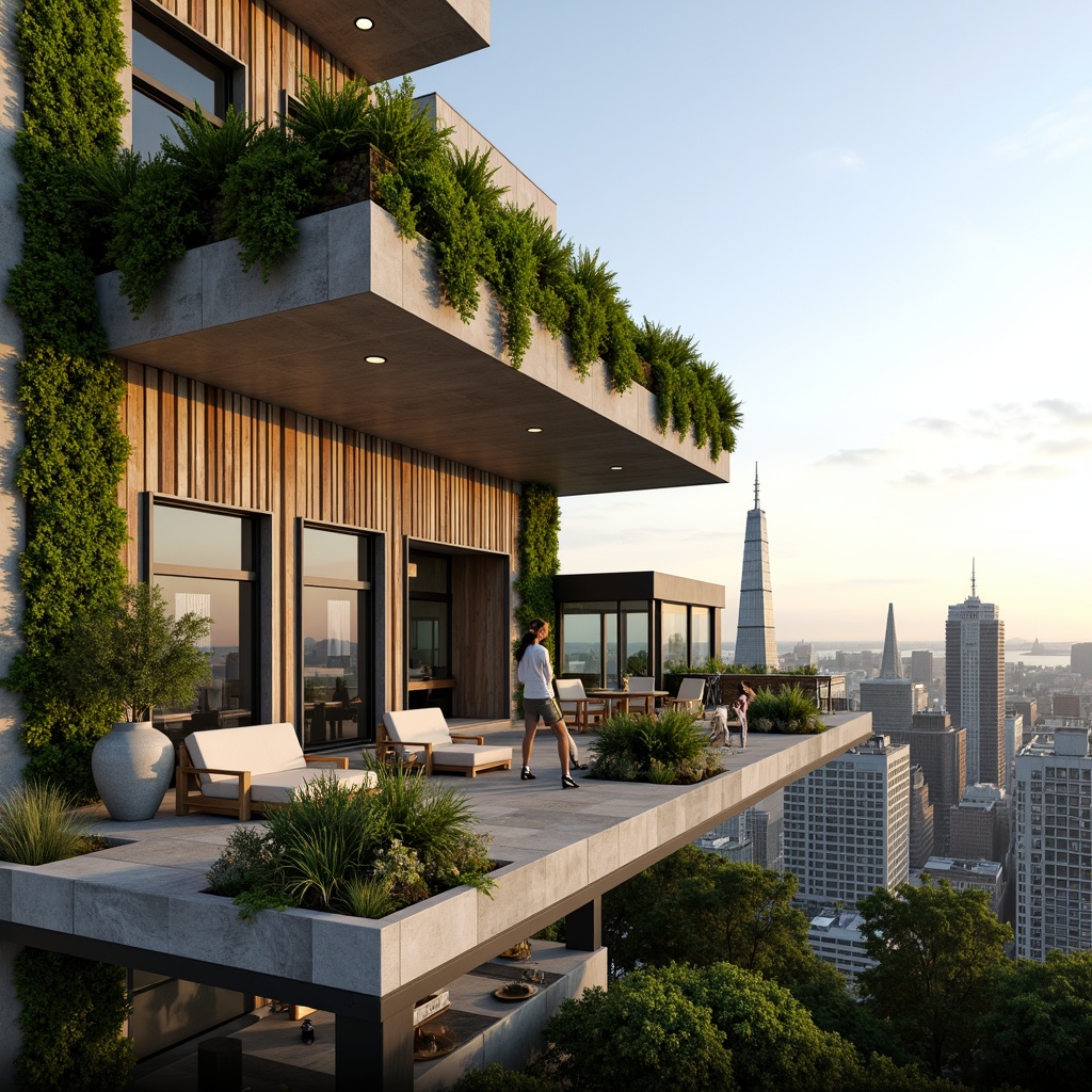 Prompt: Luxurious penthouse, organic architecture, lush green walls, living roof, natural stone fa\u00e7ade, floor-to-ceiling windows, sliding glass doors, panoramic city views, modern minimalist interior, sleek lines, eco-friendly materials, sustainable design, integrated planters, verdant balconies, cantilevered terraces, soft warm lighting, shallow depth of field, 3/4 composition, realistic textures, ambient occlusion.