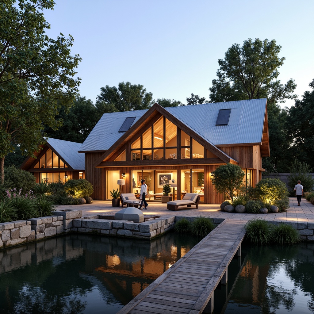 Prompt: Rustic boathouse, wooden dock, serene lakefront, lush greenery, natural stone foundations, reclaimed wood accents, corrugated metal roofs, solar panels, wind turbines, rainwater harvesting systems, eco-friendly insulation, low-maintenance exterior finishes, organic form, curved lines, nautical-inspired decor, vintage boat displays, warm soft lighting, shallow depth of field, 1/1 composition, intimate atmosphere, realistic textures, ambient occlusion.