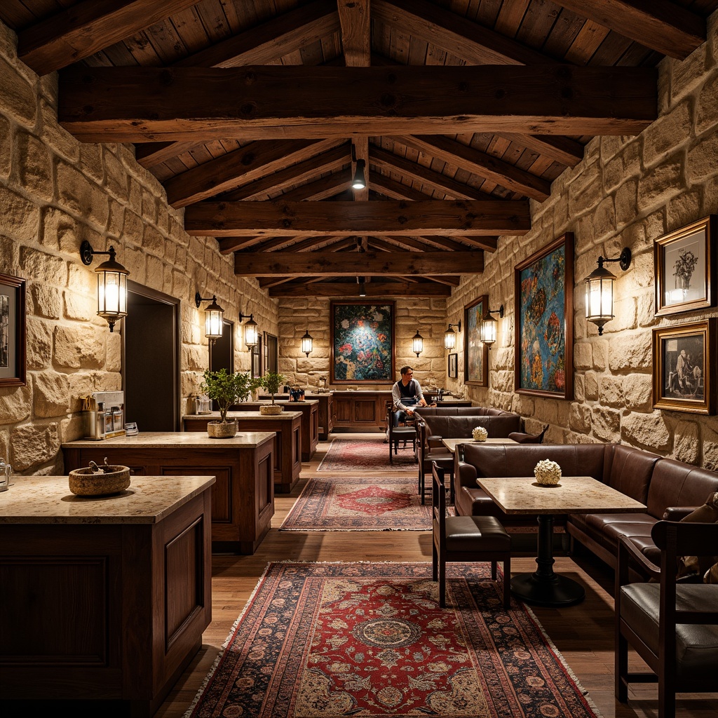 Prompt: Weathered stone walls, rustic wooden accents, ornate metal fixtures, vibrant tapestries, distressed leather upholstery, intricately patterned rugs, richly veined marble countertops, rough-hewn wooden beams, soft glowing lanterns, warm ambient lighting, shallow depth of field, 1/1 composition, realistic textures, ambient occlusion.