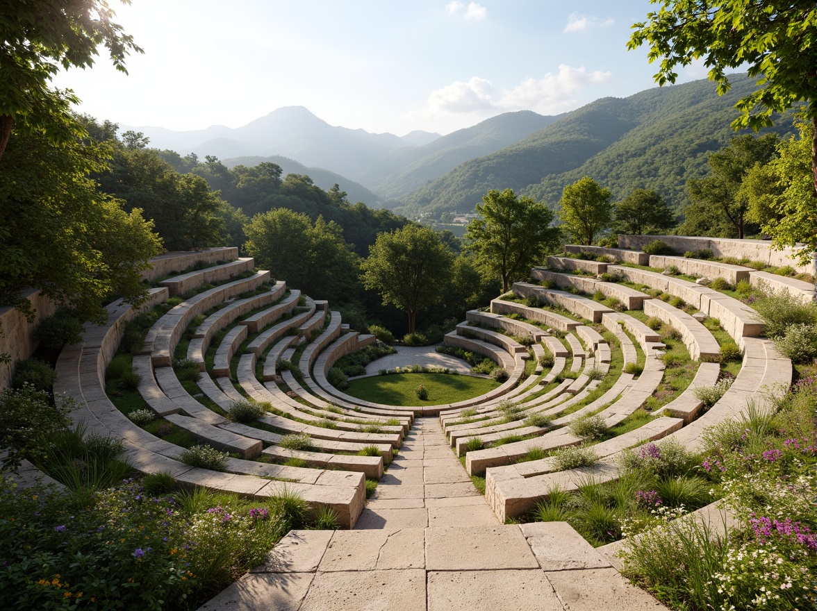 Prompt: Tiered amphitheater seating, lush greenery, natural stone walls, wooden benches, scenic overlooks, rolling hills, sunny day, soft warm lighting, shallow depth of field, 3/4 composition, panoramic view, realistic textures, ambient occlusion, harmonious landscape integration, curved walkways, meandering streams, native plant species, eco-friendly materials, sustainable water management systems, minimalistic architecture, organic shapes, earthen walls, verdant roofs, tranquil atmosphere.