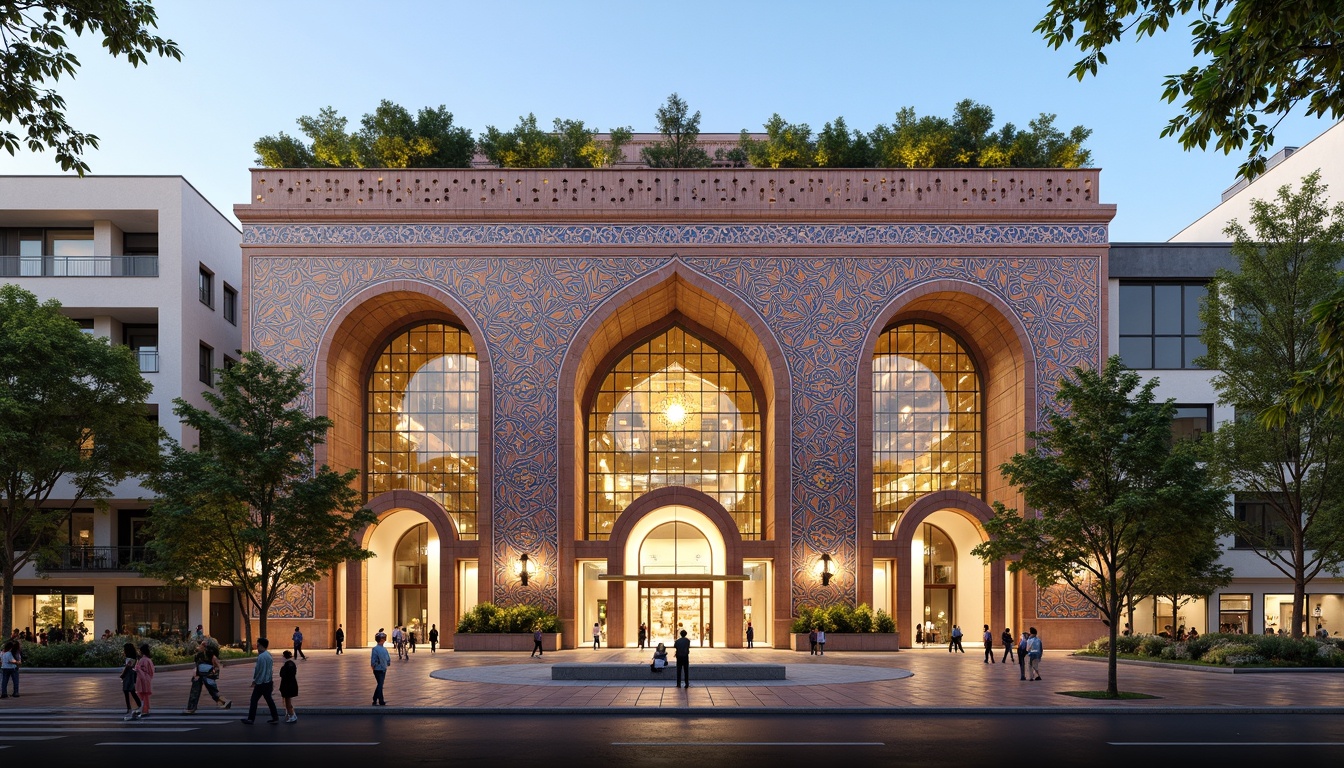 Prompt: Vibrant cultural center facade, intricately patterned Islamic-inspired tiles, grand entrance archways, ornate bronze doors, majestic columns, curved lines, futuristic LED lighting, transparent glass walls, cantilevered rooflines, lush green rooftops, urban cityscape, bustling streets, warm afternoon sunlight, shallow depth of field, 2/3 composition, symmetrical framing, cinematic atmosphere, realistic textures, ambient occlusion.