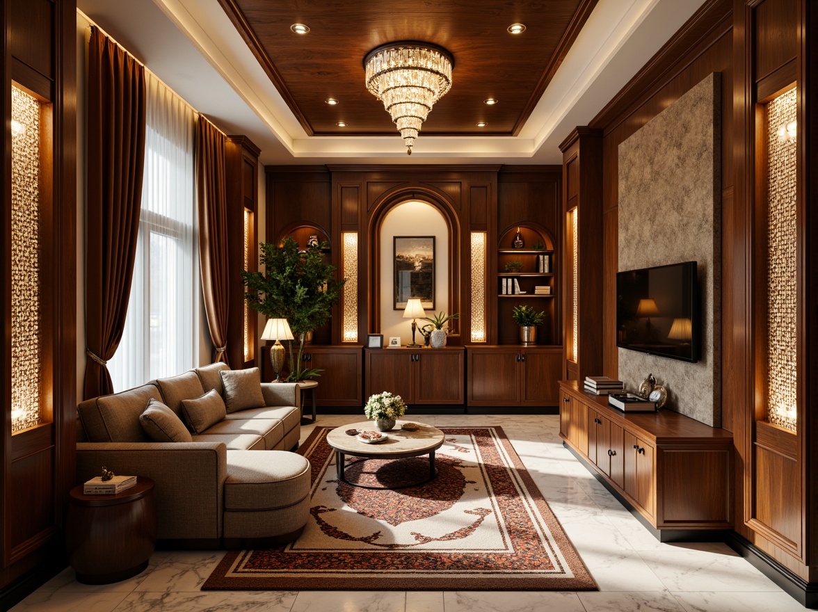 Prompt: Luxurious apartment, Art Deco style, rich wood tones, polished bronze accents, opulent marble flooring, geometric patterned rugs, velvety soft furnishings, ornate metalwork, lavish crystal chandeliers, glamorous Hollywood Regency ambiance, warm golden lighting, shallow depth of field, 1/1 composition, elegant lines, sophisticated textures, ambient occlusion.