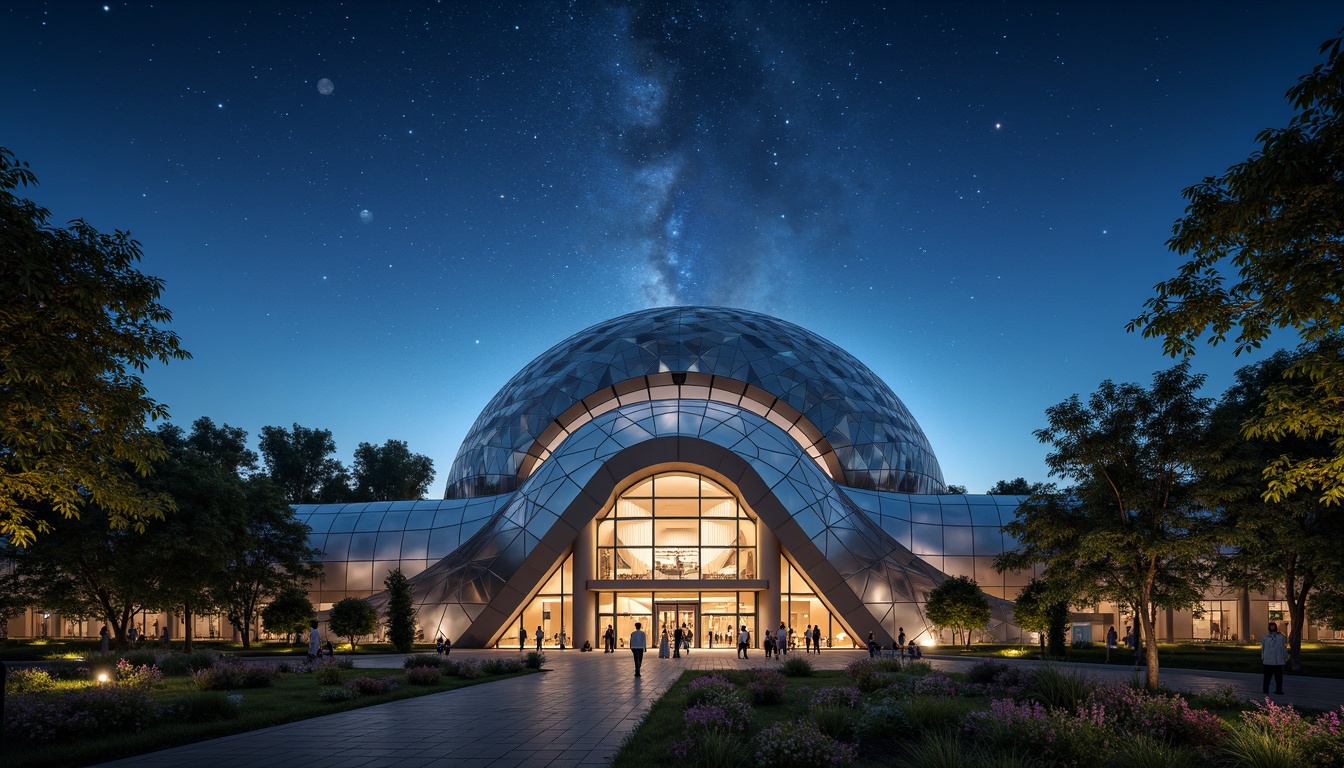 Prompt: Astronomical planetarium, academic institution, curved dome structure, gleaming silver cladding, futuristic fa\u00e7ade, angular lines, geometric patterns, celestial-inspired motifs, starry night sky, soft ambient lighting, shallow depth of field, 3/4 composition, panoramic view, realistic textures, ambient occlusion.