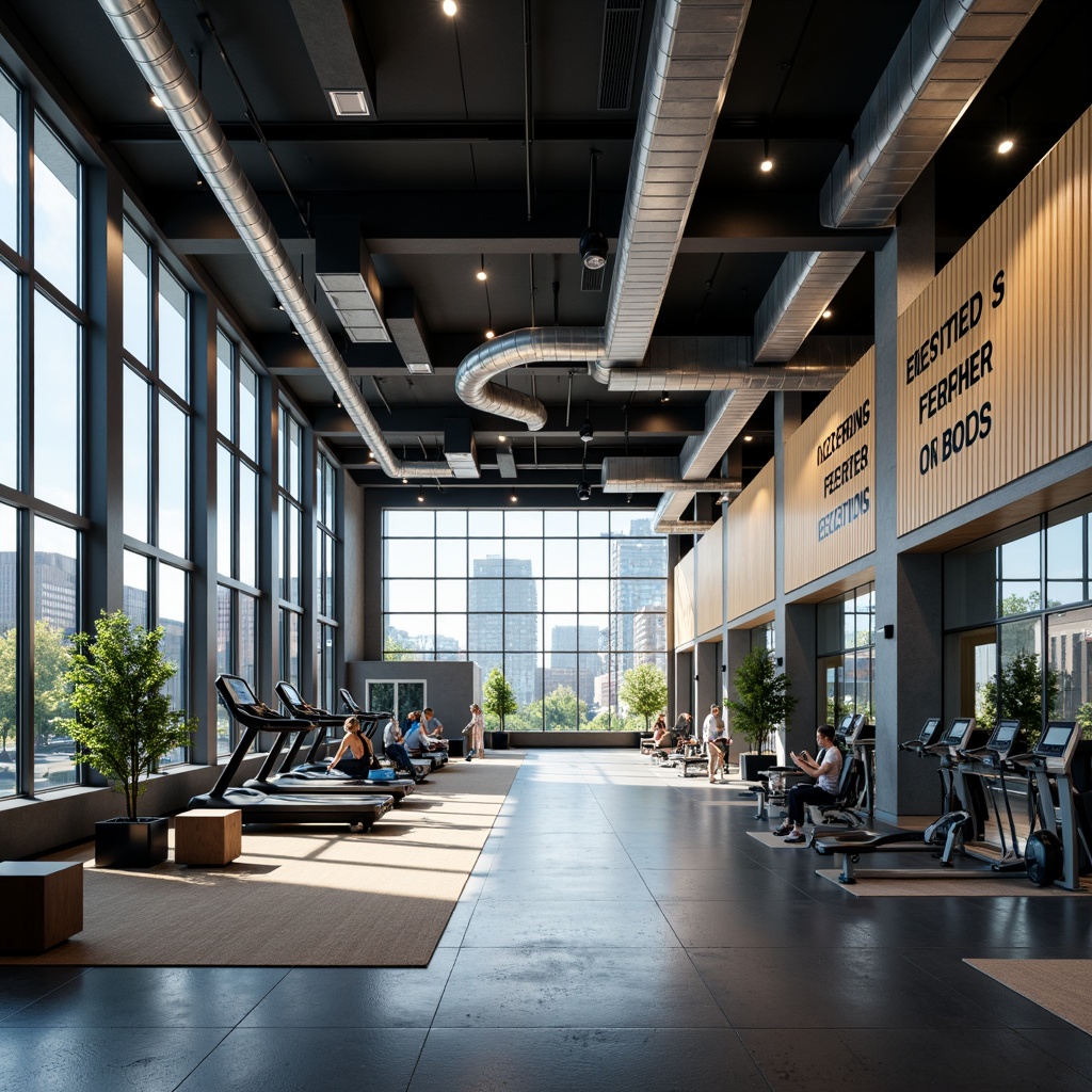 Prompt: Modern fitness club interior, high ceilings, large windows, natural light, urban cityscape view, industrial-style ductwork, metallic vents, air purification systems, dehumidification units, temperature control sensors, energy-efficient fans, noise-reducing acoustic panels, rubber flooring, mirrored walls, minimalist decor, sleek equipment machines, motivational quotes, dynamic lighting, shallow depth of field, 1/2 composition, realistic textures, ambient occlusion.