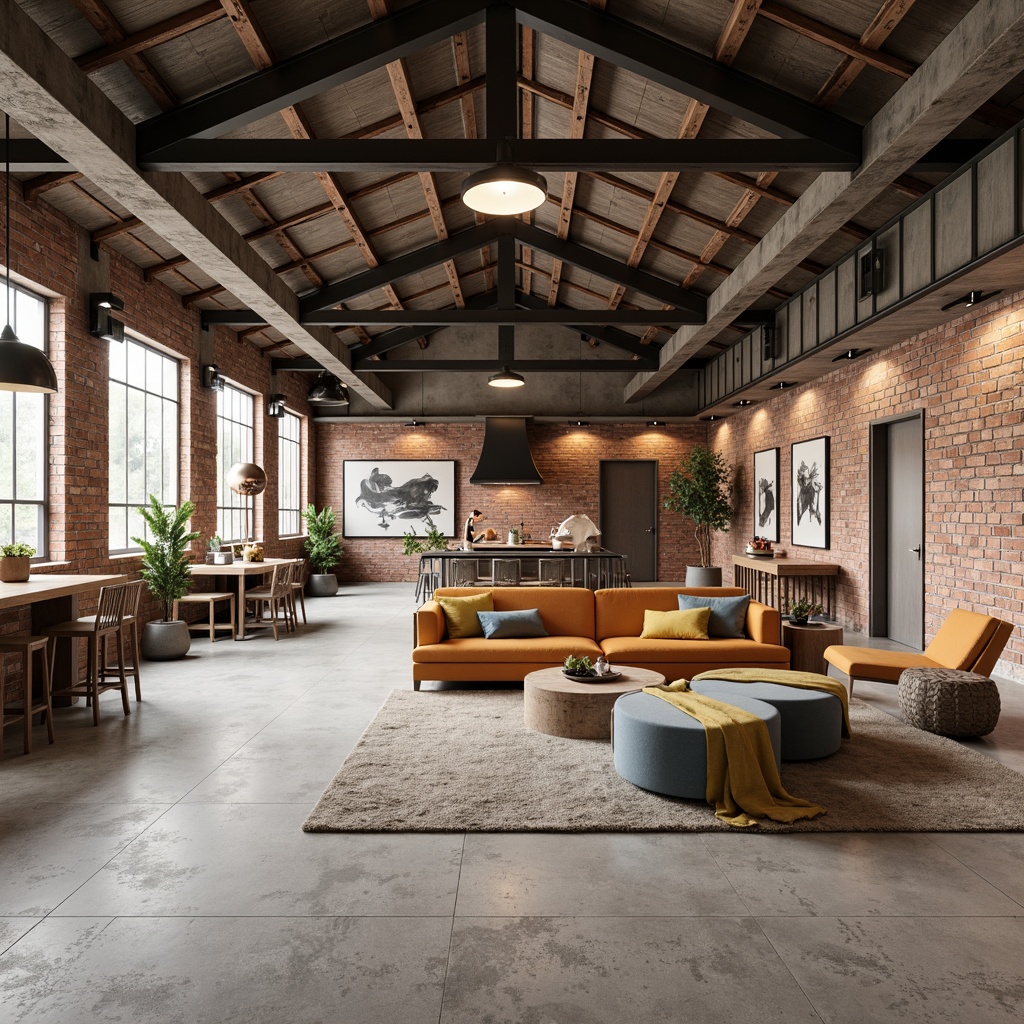 Prompt: Industrial warehouse interior, exposed brick walls, polished concrete floors, steel beams, minimalist color scheme, neutral tones, functional lighting, warm beige accents, earthy brown undertones, pops of bright blue, vibrant orange, dynamic yellow, energetic red, stimulating green, natural textures, rustic metal fixtures, reclaimed wood crates, urban loft atmosphere, high ceilings, open spaces, airy feel, softbox lighting, 1/2 composition, realistic rendering.