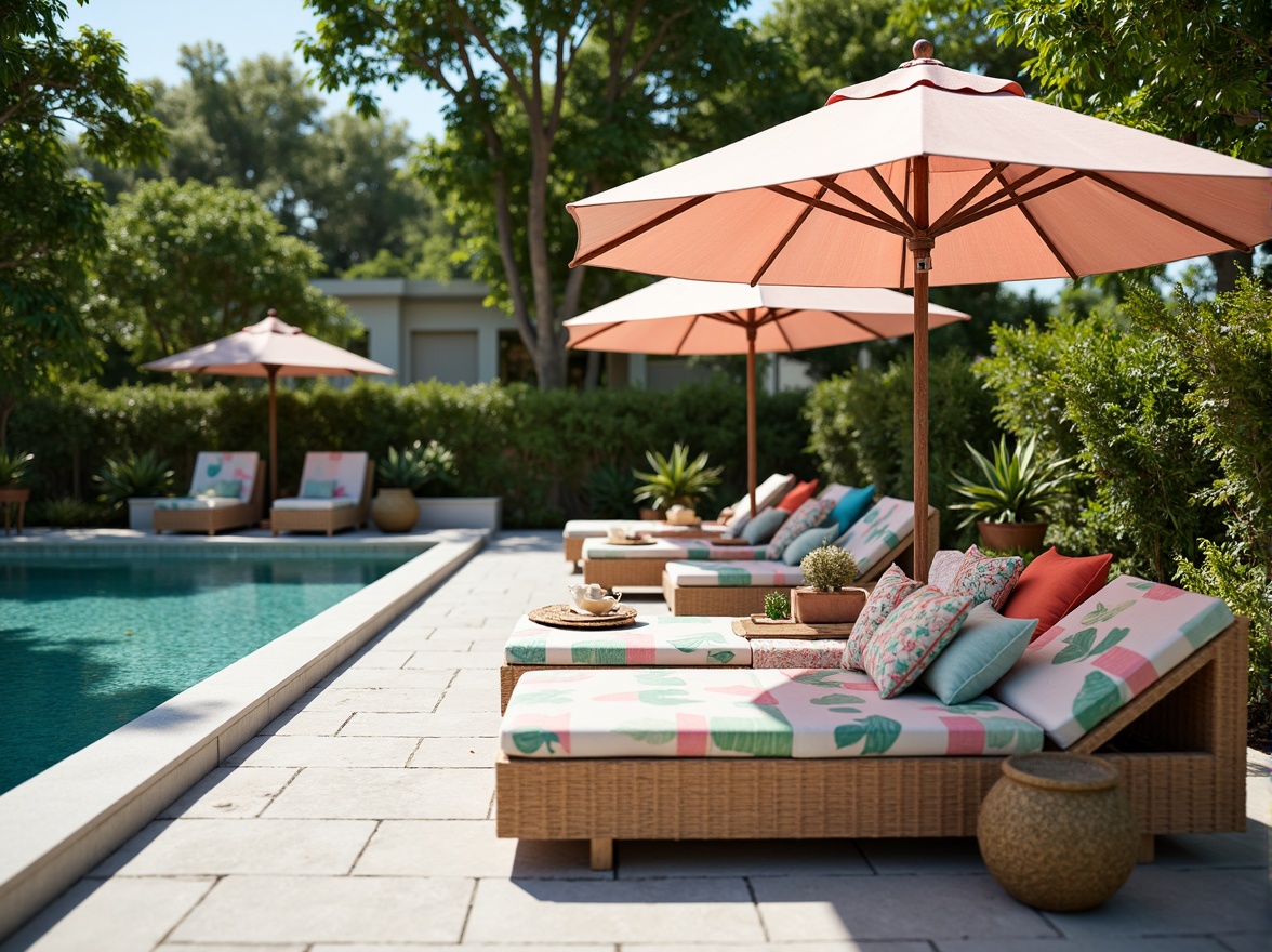 Prompt: Vibrant pool deck, plush lounge chairs, colorful throw pillows, patterned umbrellas, tropical leaf-inspired textiles, soft pastel hues, water-resistant fabrics, woven wicker furniture, natural stone flooring, lush greenery, sunny day, warm gentle breeze, shallow depth of field, 1/1 composition, realistic textures, ambient occlusion.