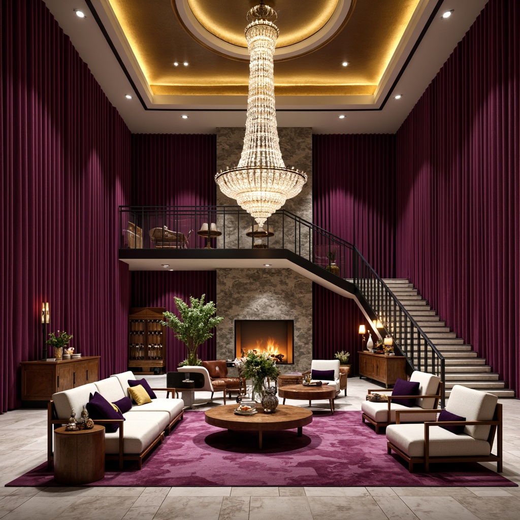 Prompt: Rich plum accent walls, luxurious velvet drapes, warm golden lighting, ornate wooden furniture, lavish crystal chandeliers, opulent marble floors, grand staircase, sophisticated modern architecture, bold geometric patterns, vibrant purple hues, soft creamy whites, deep charcoal greys, industrial metal accents, sleek glass railings, dramatic high ceilings, intimate cozy nooks, natural stone fireplaces, romantic evening ambiance, warm candlelight, shallow depth of field, 3/4 composition, cinematic lighting.