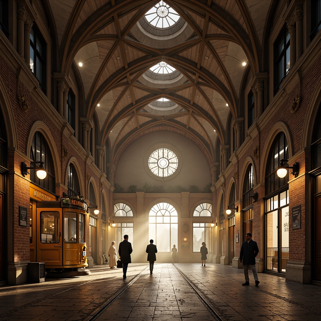 Prompt: Grand tram station, ornate Gothic architecture, ribbed vaults, pointed arches, flying buttresses, intricate stone carvings, stained glass windows, majestic entrance portals, ornamental metalwork, gilded accents, patterned brickwork, dramatic lighting effects, atmospheric fog, misty morning, warm golden illumination, shallow depth of field, 2/3 composition, symmetrical framing, realistic textures, ambient occlusion.