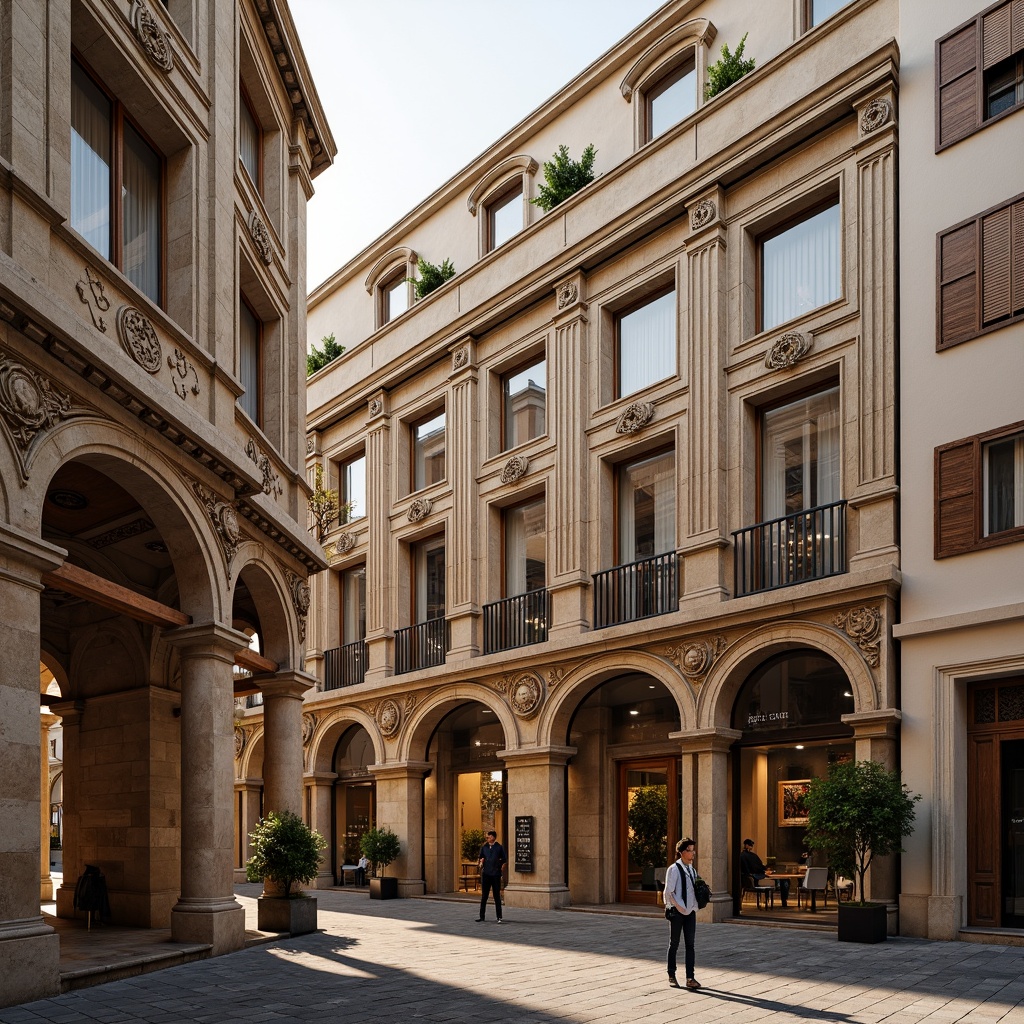 Prompt: Ornate Renaissance-style building, grand entrance, arched windows, ornamental columns, carved stone facades, intricate balconies, rusticated quoins, sculpted doorways, lavish cornices, symmetrical composition, classical proportions, warm golden lighting, soft focus, 1/2 camera angle, detailed textures, ambient occlusion.