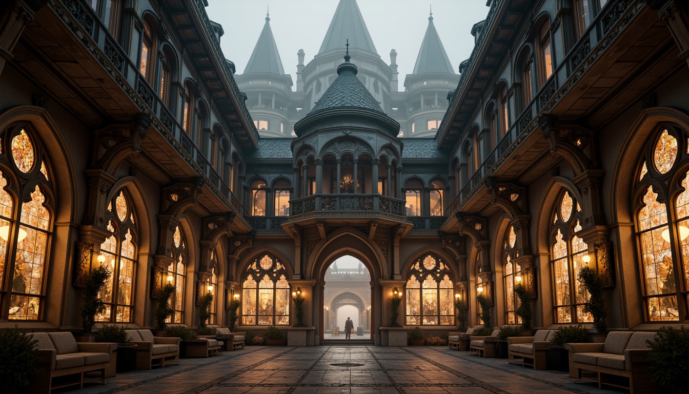 Prompt: Intricate Gothic pavilion, ornate stone carvings, ribbed vaulted ceilings, stunning stained glass windows, grandiose entranceways, pointed arches, flying buttresses, mysterious candlelit ambiance, mystical foggy atmosphere, warm golden lighting, dramatic shadows, complex roof framework, interlocking wooden beams, slate tile roofing, asymmetrical composition, atmospheric perspective, cinematic depth of field.