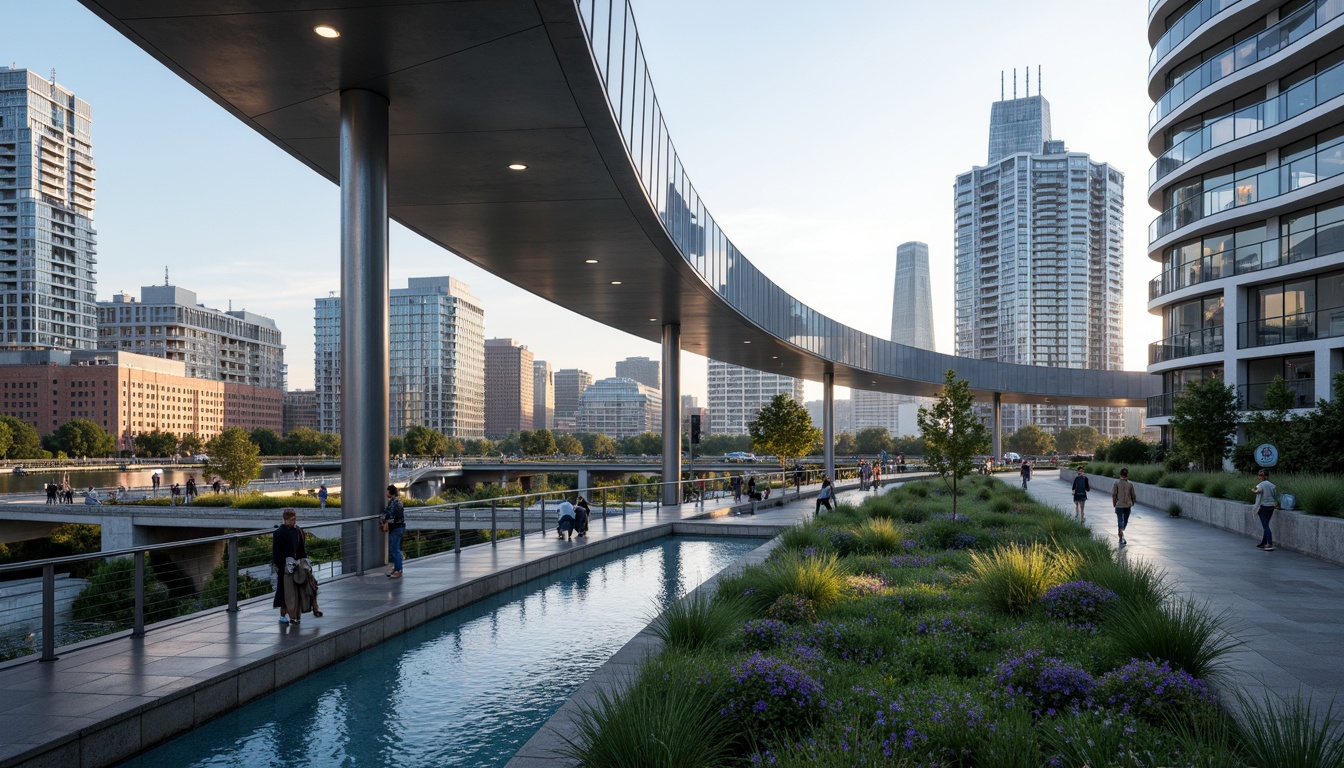 Prompt: Curved modernist bridge, sleek metal railings, LED lighting strips, urban skyline views, bustling city traffic, pedestrian walkways, green roofs, integrated landscaping, native plant species, water features, misting systems, futuristic architecture, angular lines, minimalist design, steel beams, glass floors, cantilevered sections, 3/4 composition, shallow depth of field, panoramic view, realistic textures, ambient occlusion.