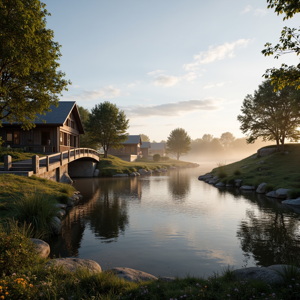 Prompt: \Soothing lakefront atmosphere, serene water reflections, rustic wooden bridge structures, natural stone foundations, gentle misty mornings, warm golden sunsets, calm blue skies, lush greenery surroundings, vibrant wildflowers, weathered wood textures, soft misty lighting, shallow depth of field, 3/4 composition, panoramic view, realistic water simulations, ambient occlusion.\