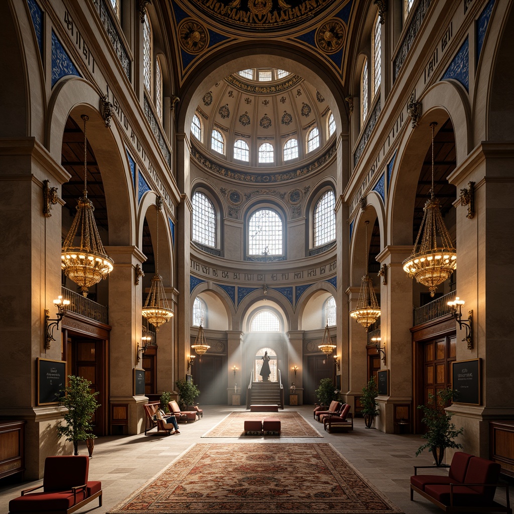 Prompt: Grand Byzantine cathedral, high ceilings, ornate chandeliers, lavish mosaics, intricate stone carvings, sweeping arches, grandiose domes, natural light pouring through stained glass windows, airy open spaces, minimal interior walls, fluid transitions between areas, harmonious balance of form and function, elegant curves, soft warm lighting, dramatic shadows, atmospheric ambiance, 1/1 composition, symmetrical framing, ornate golden accents, richly patterned rugs, luxurious velvet drapes.