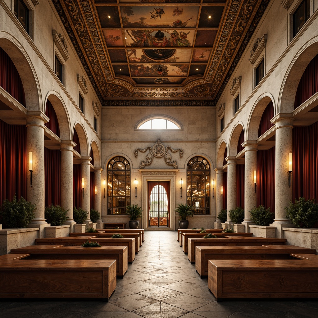 Prompt: Ancient Greek-inspired amphitheater, weathered stone columns, ornate marble carvings, rusty metal gates, wooden benches, velvet drapes, intricate mosaics, fresco ceiling, grandiose arches, dramatic spotlights, warm golden lighting, shallow depth of field, 1/1 composition, symmetrical framing, realistic textures, ambient occlusion.