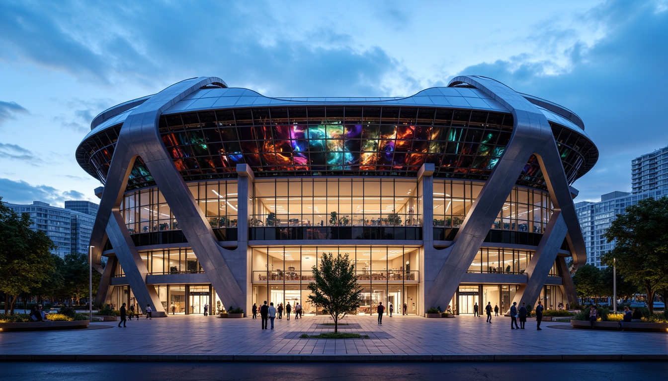 Prompt: Sleek stadium facade, curved lines, modernist architecture, stainless steel cladding, cantilevered roofs, minimalist detailing, vibrant color accents, dynamic LED lighting, large glass surfaces, angular columns, aerodynamic forms, wind-resistant design, urban skyline views, dramatic evening lighting, shallow depth of field, 1/2 composition, symmetrical balance, realistic reflections, ambient occlusion.