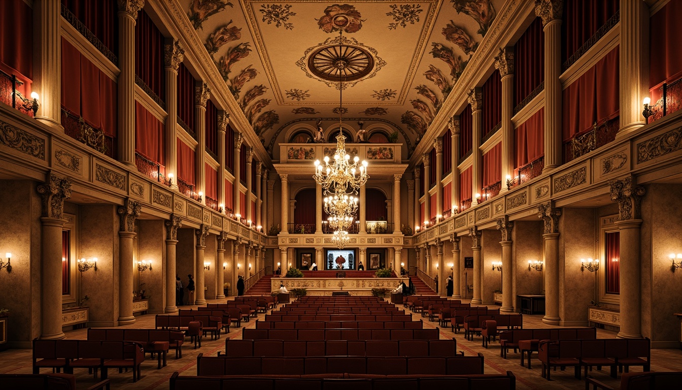 Prompt: Renaissance-style auditorium, ornate columns, intricately carved wooden accents, grandiose chandeliers, velvet drapes, gilded details, semicircular seating arrangement, elevated stage, Baroque-inspired architecture, natural stone walls, ornamental frescoes, classical statues, warm golden lighting, soft focus, shallow depth of field, 1/1 composition, symmetrical framing, realistic textures, ambient occlusion.