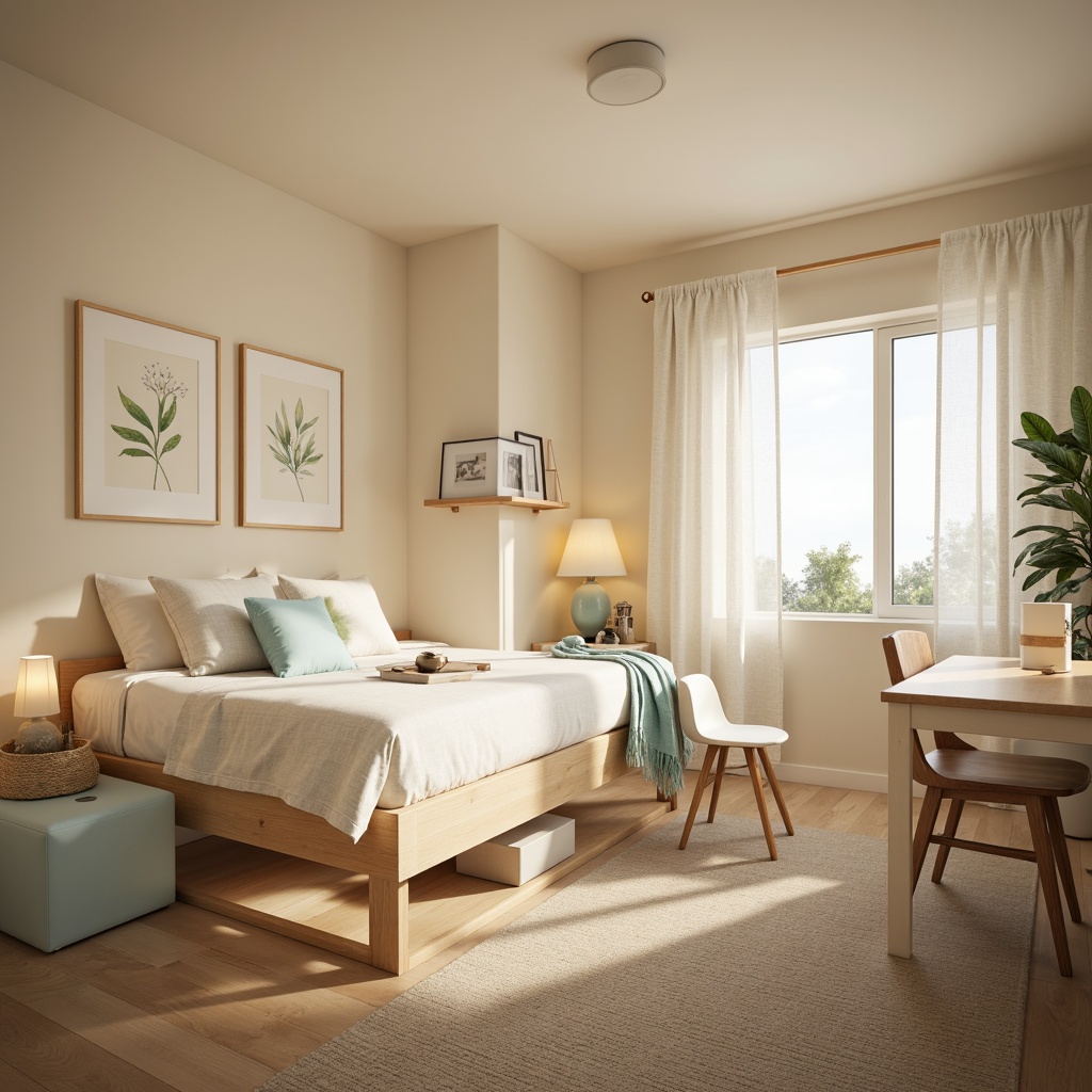 Prompt: Cozy dorm room, soft warm lighting, calming color scheme, soothing pastel hues, gentle beige walls, creamy white furniture, pale blue accents, natural wood tones, plush area rug, comfortable bedding, intimate atmosphere, relaxed vibe, minimalist decor, subtle texture contrasts, 1/1 composition, shallow depth of field, realistic rendering.