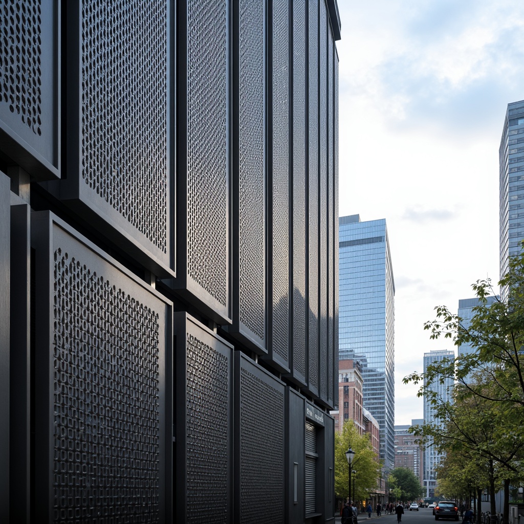 Prompt: Modern building facade, perforated metal panels, intricate pattern design, natural light filtering, industrial aesthetic, urban architecture, cityscape background, cloudy sky, soft diffused lighting, shallow depth of field, 1/2 composition, realistic metallic textures, ambient occlusion, contemporary style, sleek lines, minimalist approach, functional design, sustainable building solutions, energy efficiency systems, green technology integration.