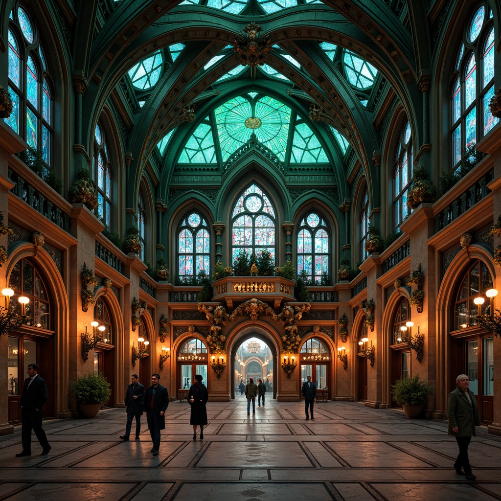 Prompt: Majestic pavilion, ornate Gothic architecture, rich jewel-toned colors, emerald green accents, sapphire blue undertones, ruby red highlights, golden metallic details, intricate stone carvings, grandiose entranceways, vaulted ceilings, stained glass windows, mystical ambiance, warm soft lighting, high contrast ratio, dramatic shadows, 1/2 composition, symmetrical framing, ornate textures, mystical atmosphere.