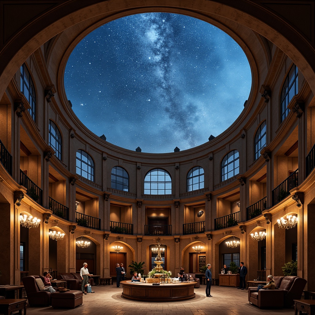 Prompt: Celestial planetarium dome, starry night sky, soft warm natural lighting, subtle blue tones, academic architectural style, ornate wooden paneling, intricate stone carvings, grandiose chandeliers, high ceilings, large circular tables, leather-bound tomes, astronomical instruments, vintage telescopes, minimal decor, elegant lines, sophisticated ambiance, 1/1 composition, realistic textures, ambient occlusion.