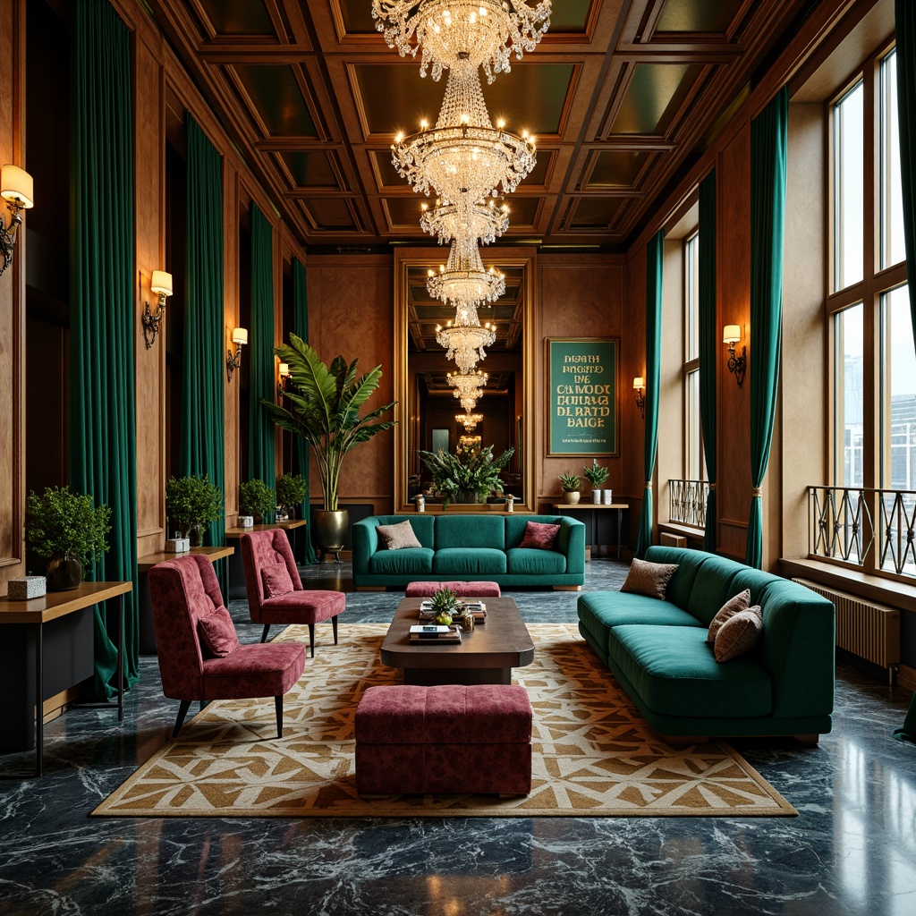 Prompt: Luxurious apartment, Art Deco style, opulent furnishings, ornate metalwork, geometric patterns, lavish textiles, rich jewel tones, emerald green, sapphire blue, amethyst purple, gold accents, metallic sheen, velvet drapes, marble flooring, ornate mirrors, crystal chandeliers, vintage posters, bold typography, lavish lighting fixtures, soft warm glow, shallow depth of field, 2/3 composition, atmospheric perspective, realistic reflections.